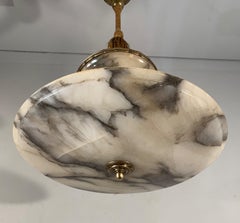 Large Two-Tier 1920s Alabaster & Brass Pendant Great Shape & Color Ceiling Lamp