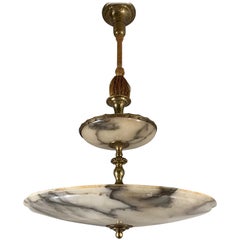 Large Two-Tier 1920s Alabaster & Brass Pendant Great Shape & Color Ceiling Lamp