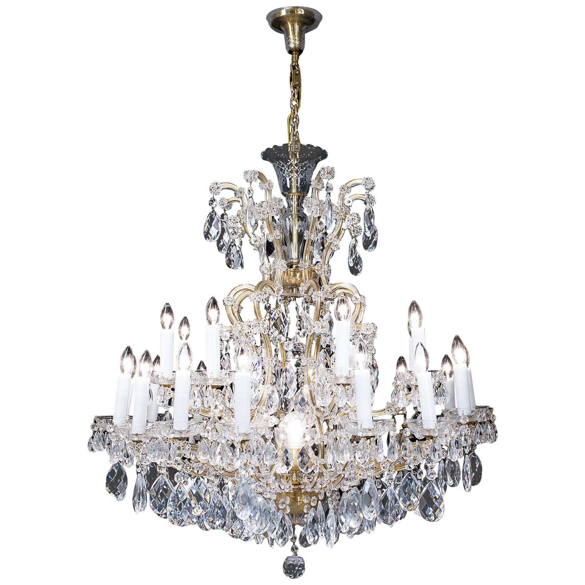 Large Two-Tier Glass and Brass Neoclassical Chandelier