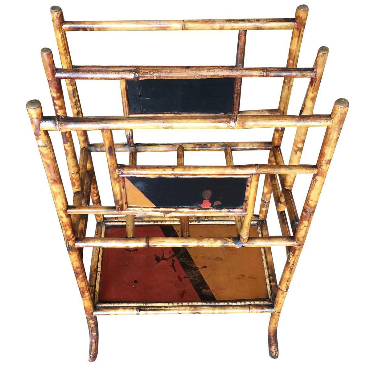Restored Aesthetic Movement Large Two-Tier Tiger Bamboo Magazine Rack w/ Divider