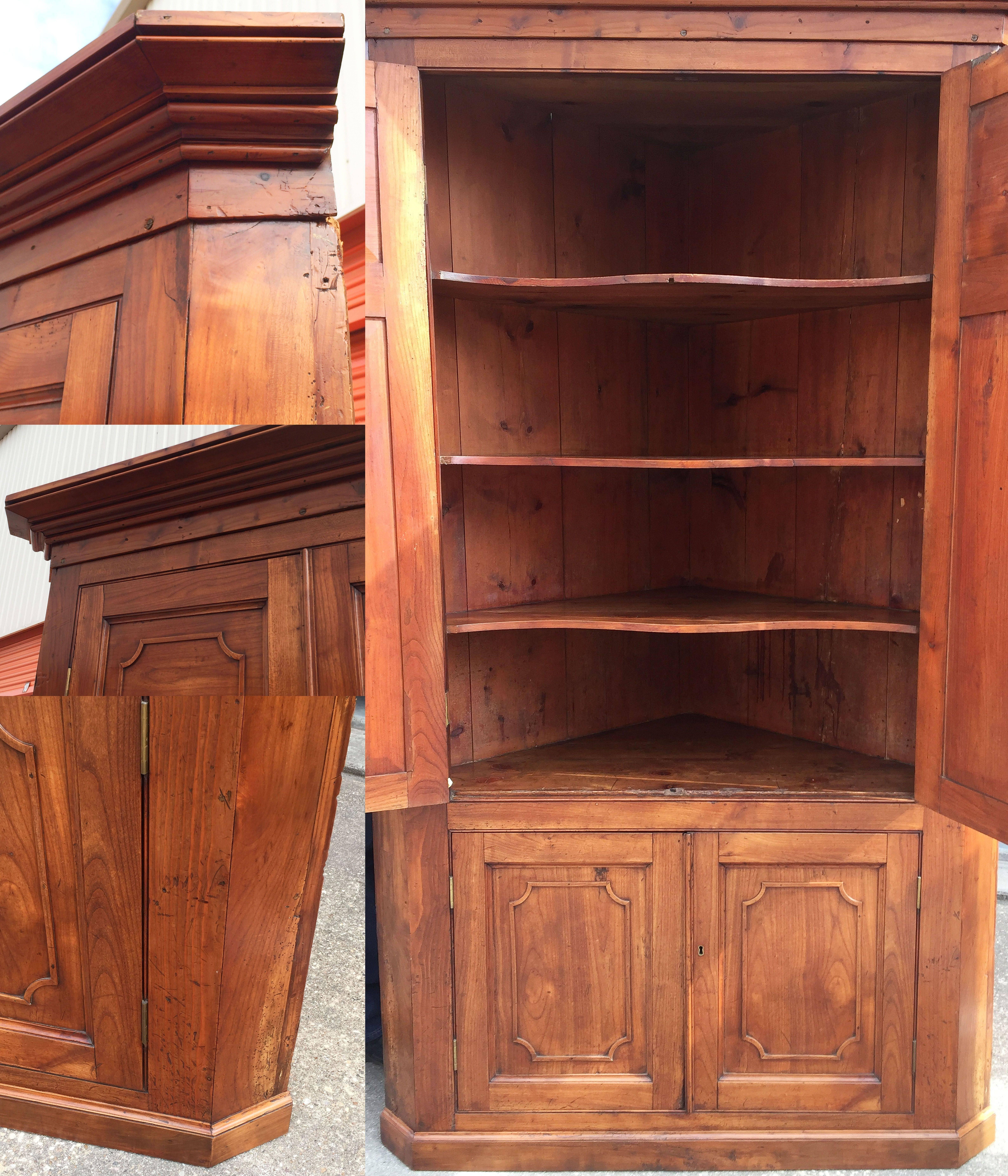 Metal Large Two-Tiered Corner Cabinet or Cupboard of Cherry with Paneled Doors For Sale