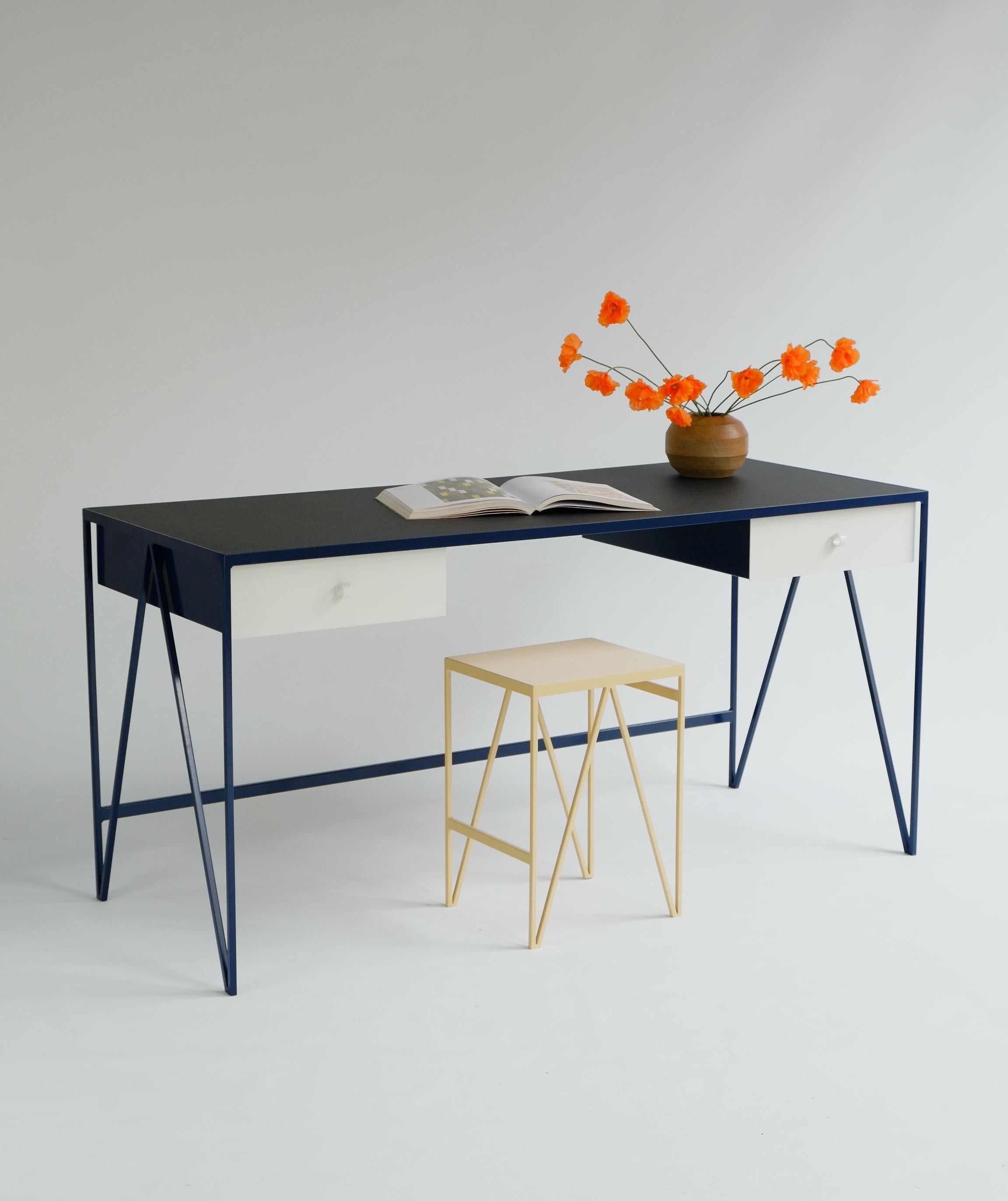 Contemporary Large Two Tone Bespoke Study Desk with Linoleum Top and Drawer, Customizable For Sale