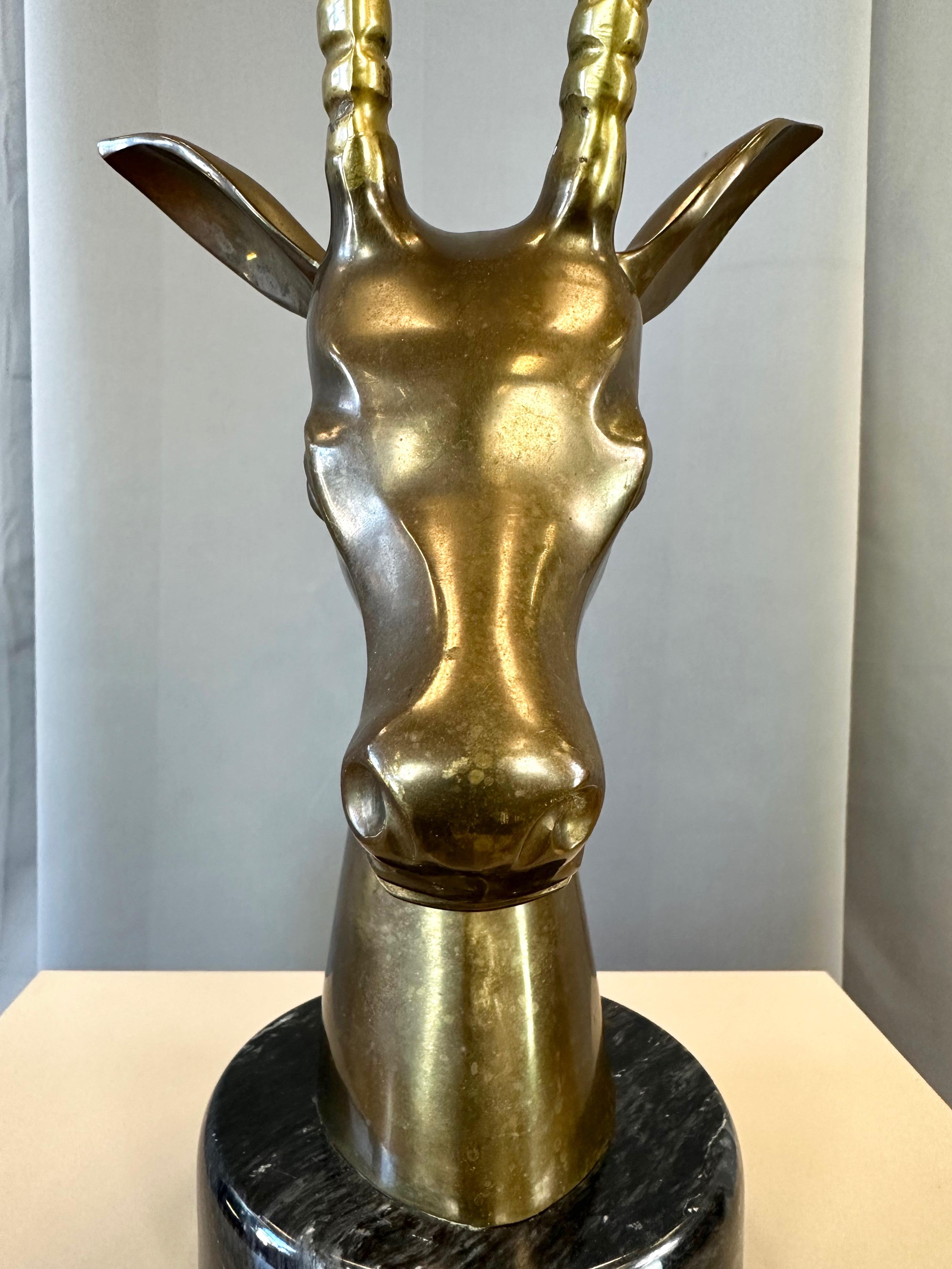 Large Two-Tone Brass Impala Bust Sculpture on Black Marble Base, 1970s For Sale 3