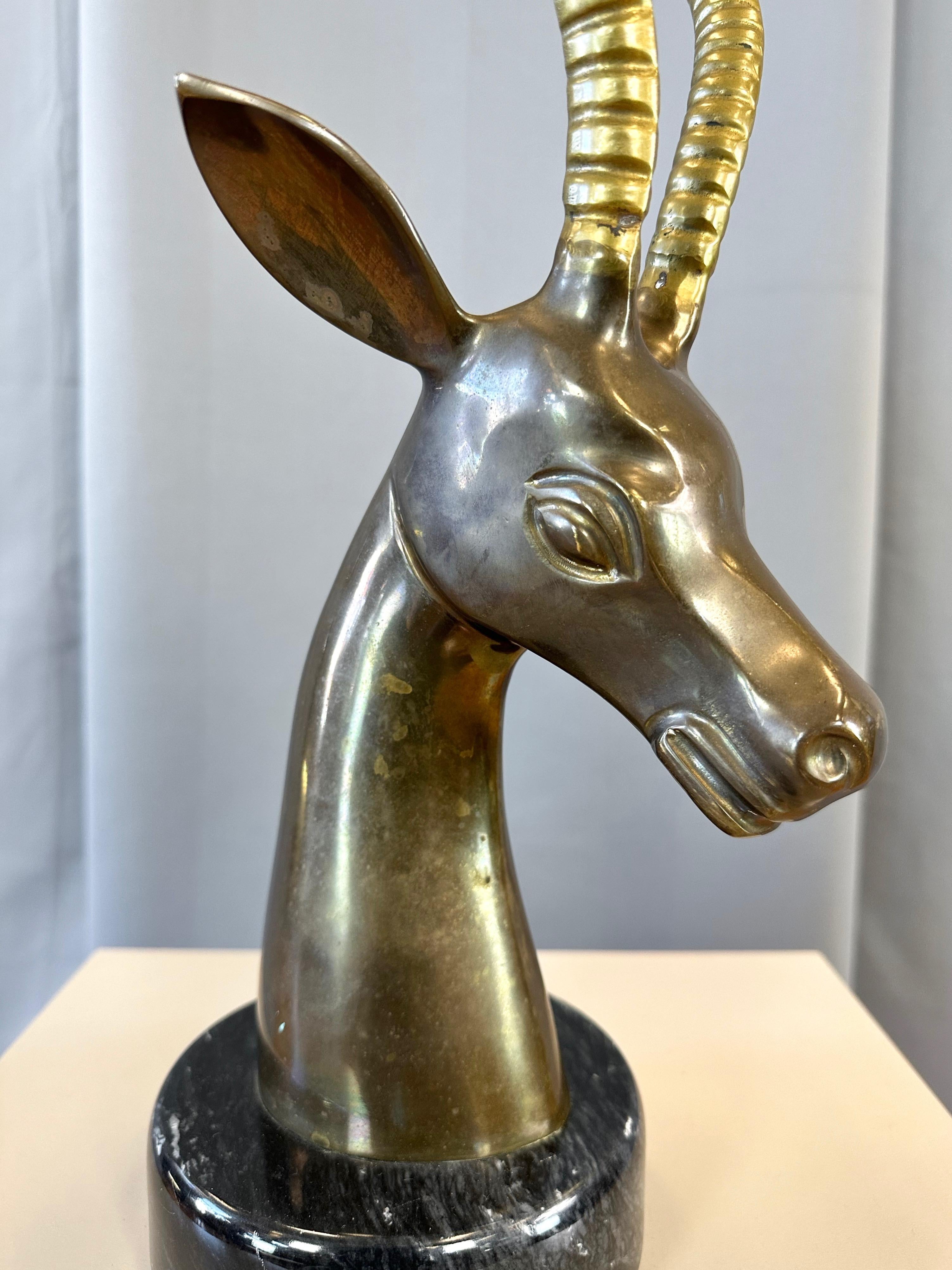 Large Two-Tone Brass Impala Bust Sculpture on Black Marble Base, 1970s For Sale 8