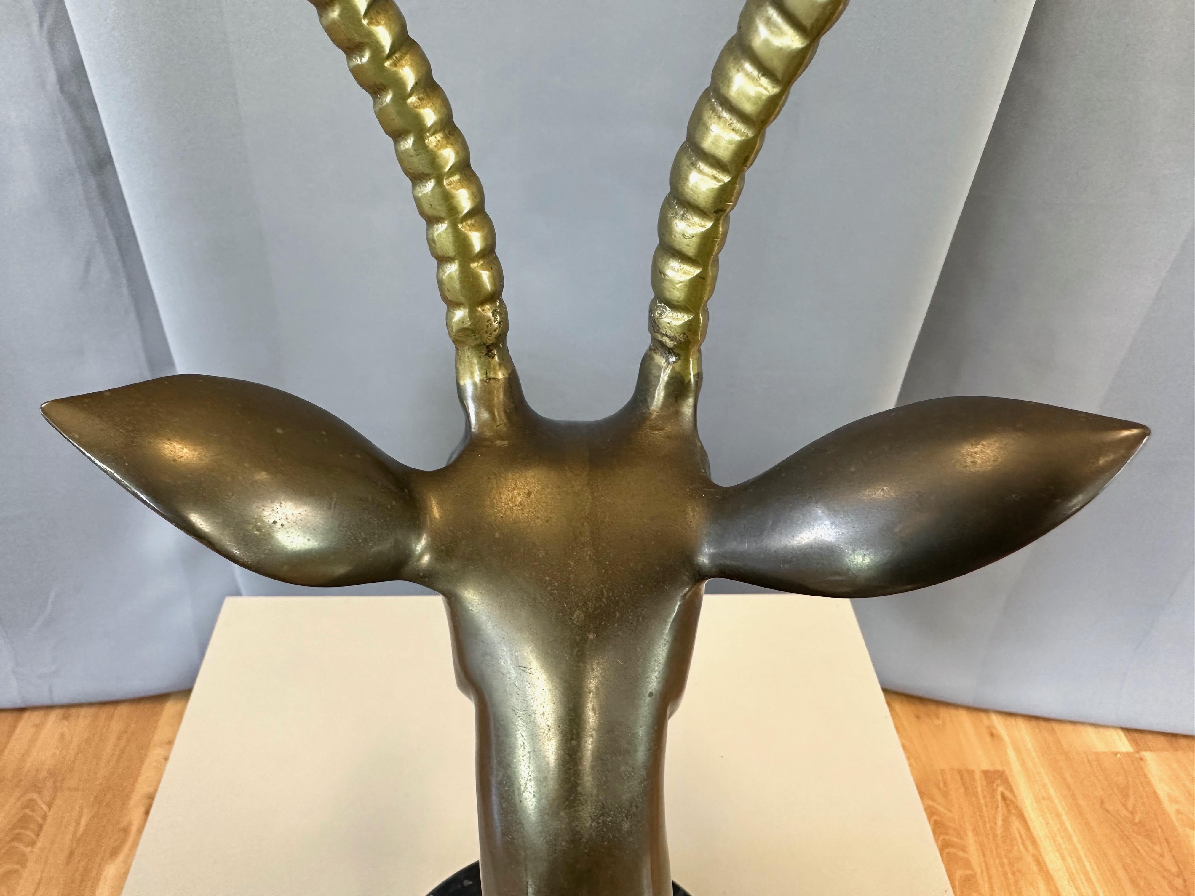 Large Two-Tone Brass Impala Bust Sculpture on Black Marble Base, 1970s For Sale 11