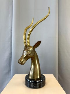 Large Two-Tone Brass Impala Bust Sculpture on Black Marble Base, 1970s