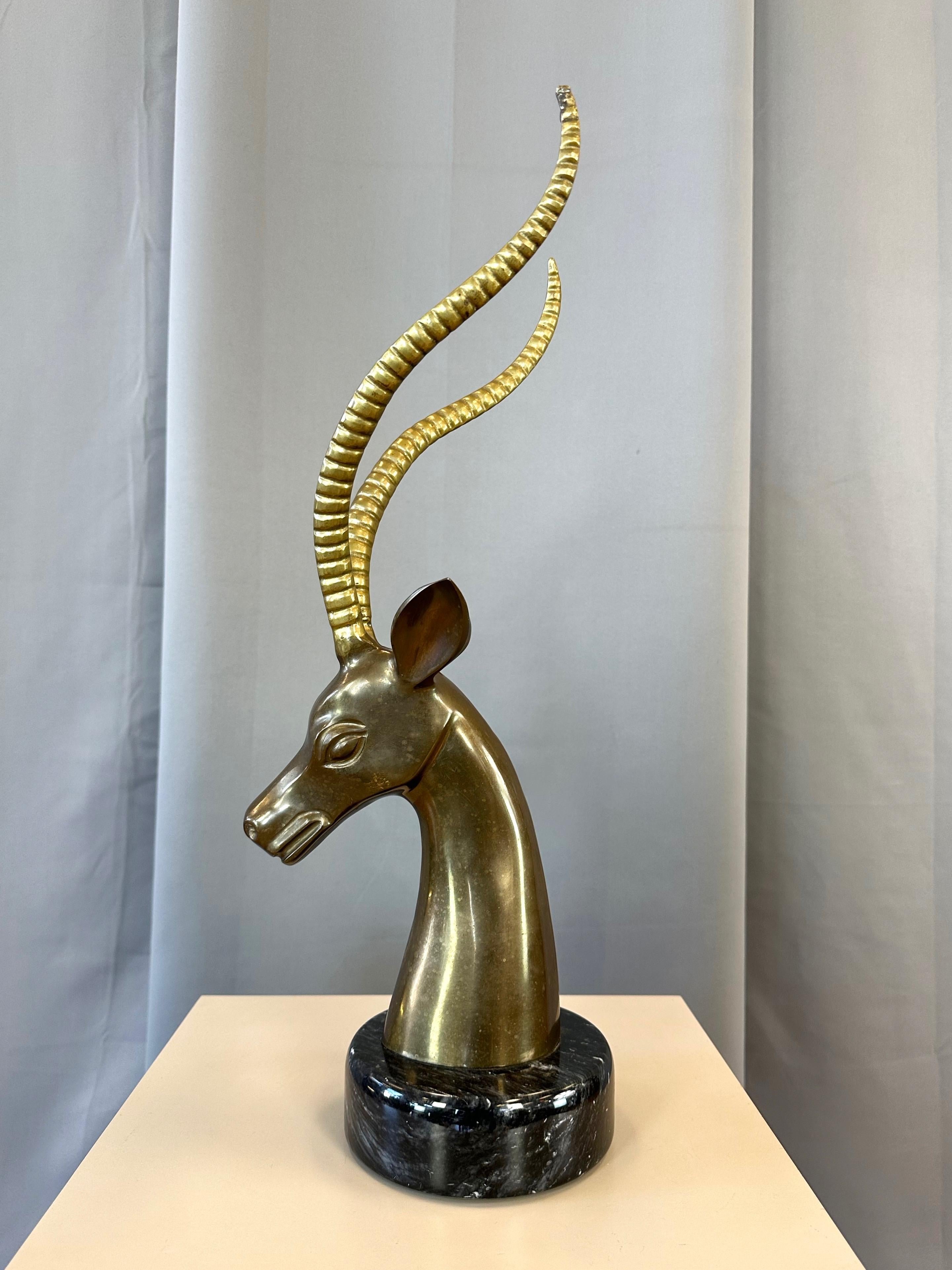 Hollywood Regency Large Two-Tone Brass Impala Bust Sculpture on Black Marble Base, 1970s For Sale