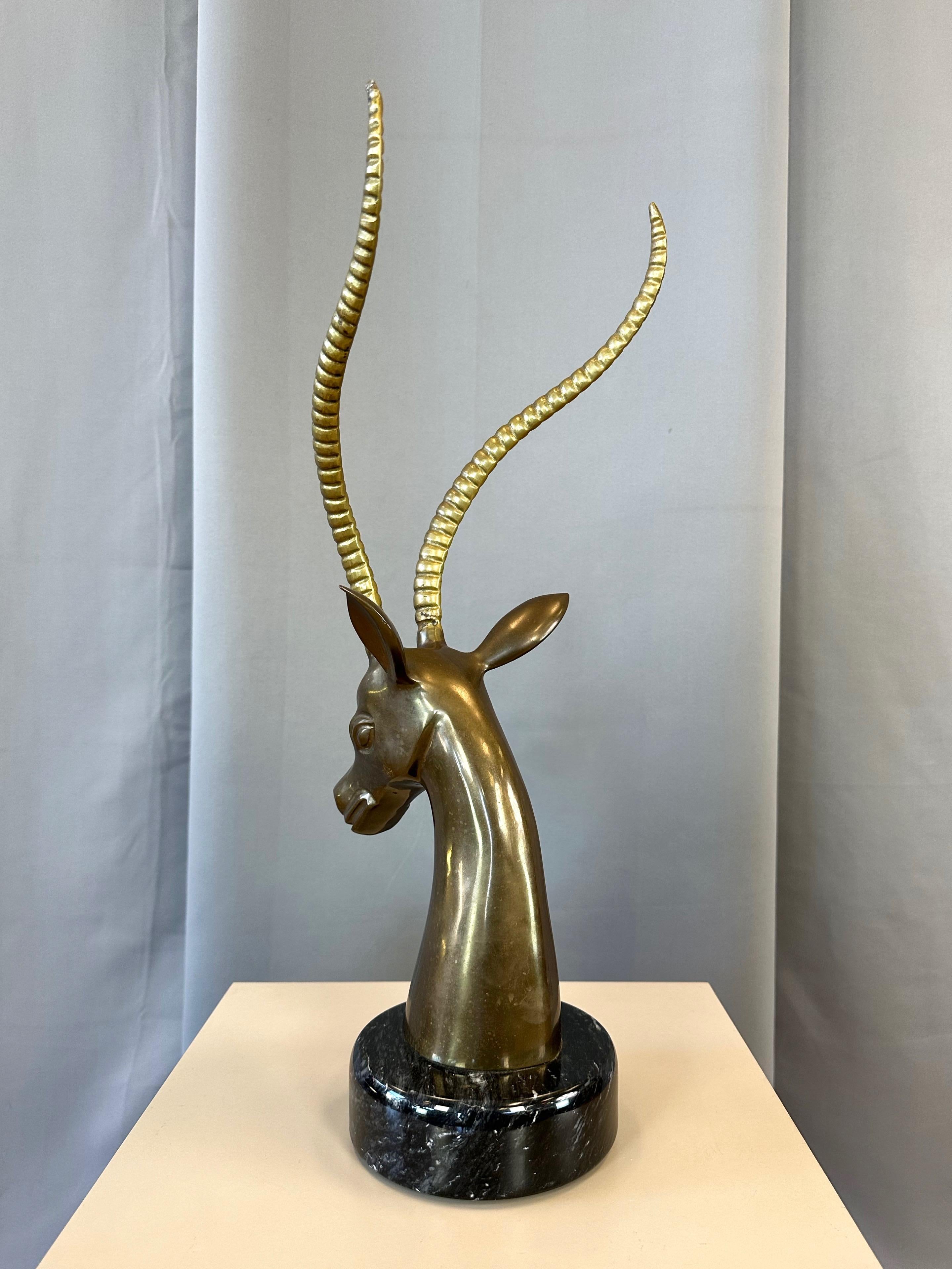 American Large Two-Tone Brass Impala Bust Sculpture on Black Marble Base, 1970s For Sale