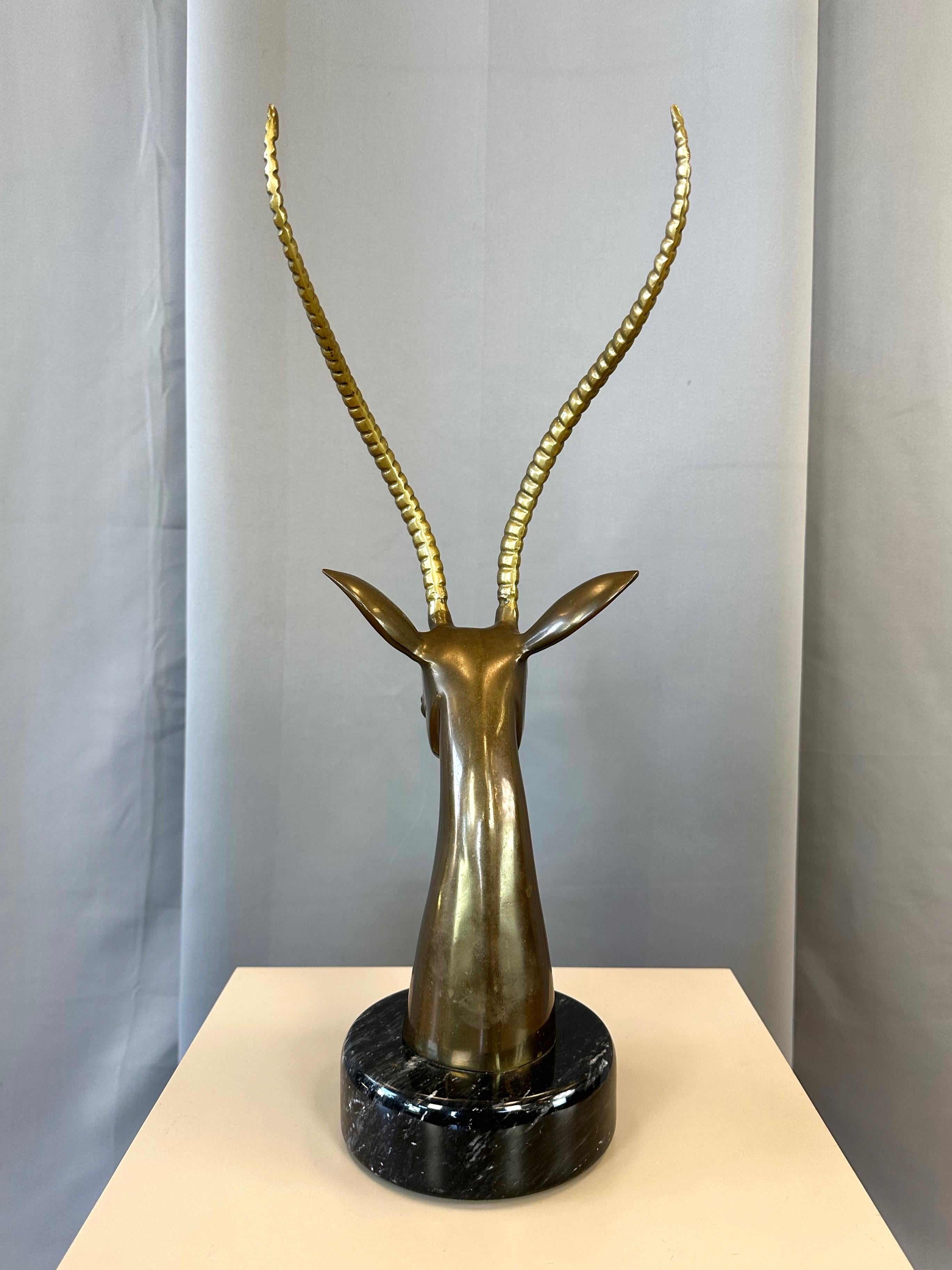 Cast Large Two-Tone Brass Impala Bust Sculpture on Black Marble Base, 1970s For Sale