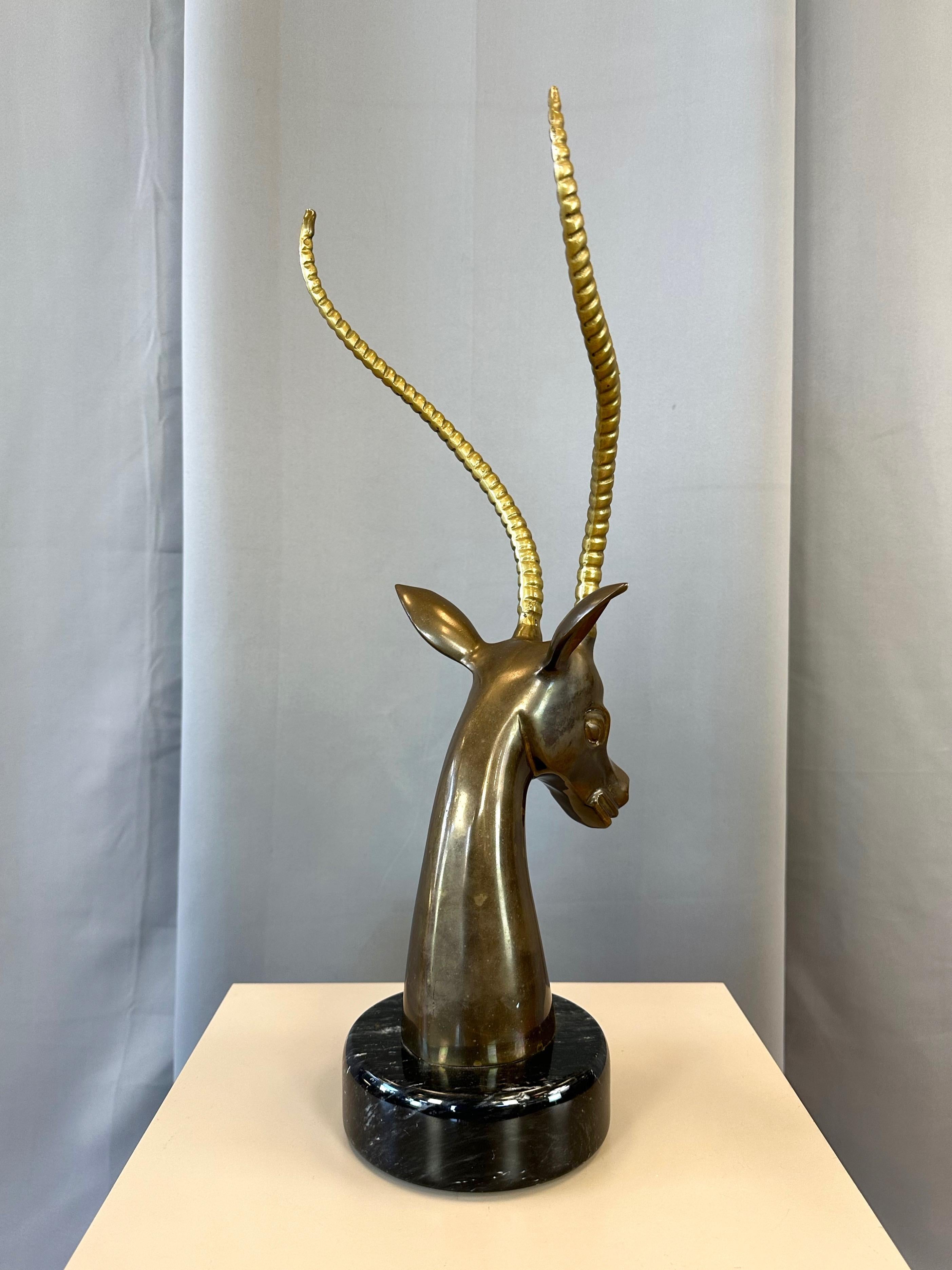 Large Two-Tone Brass Impala Bust Sculpture on Black Marble Base, 1970s In Good Condition For Sale In San Francisco, CA
