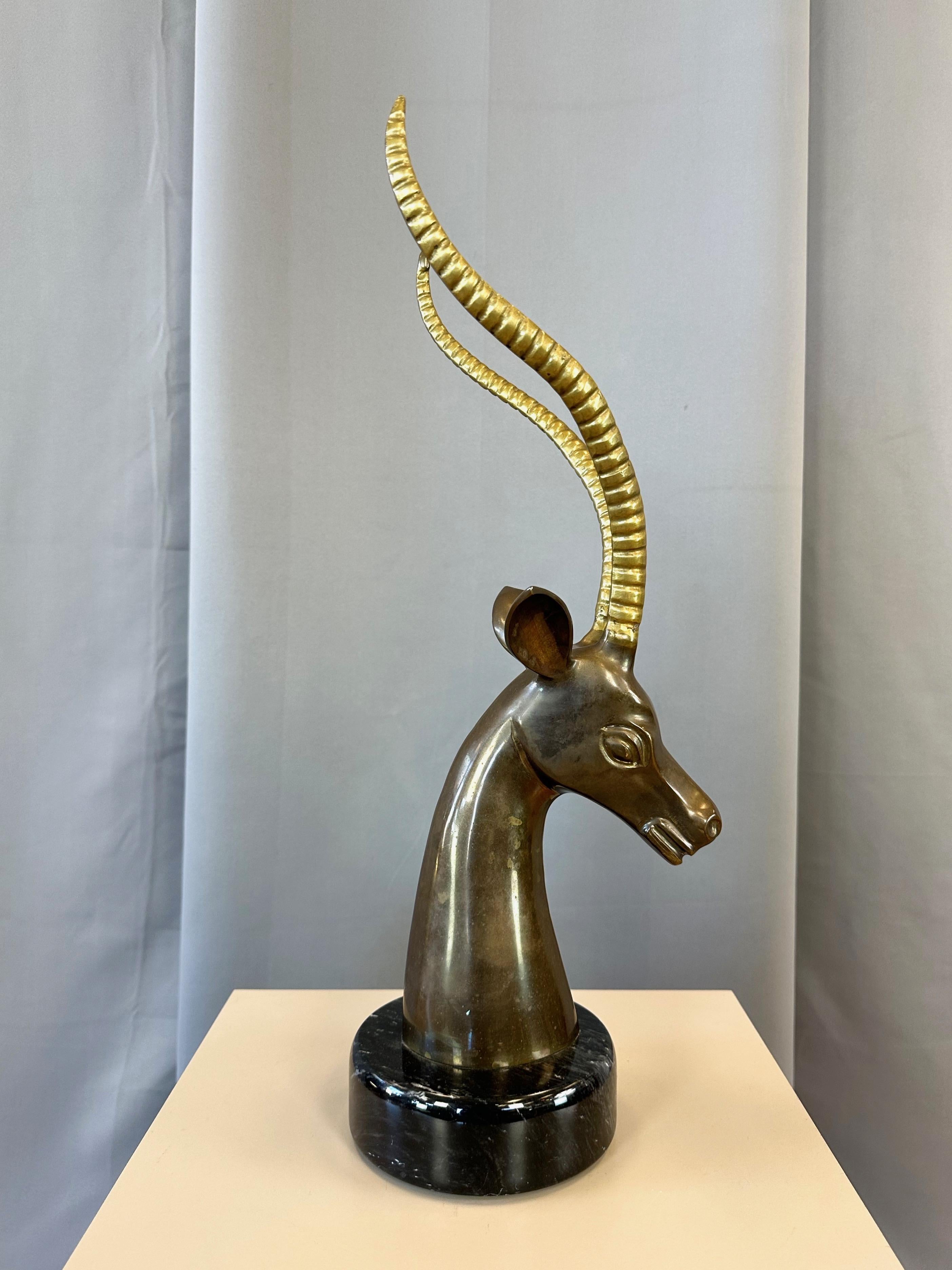 Late 20th Century Large Two-Tone Brass Impala Bust Sculpture on Black Marble Base, 1970s For Sale