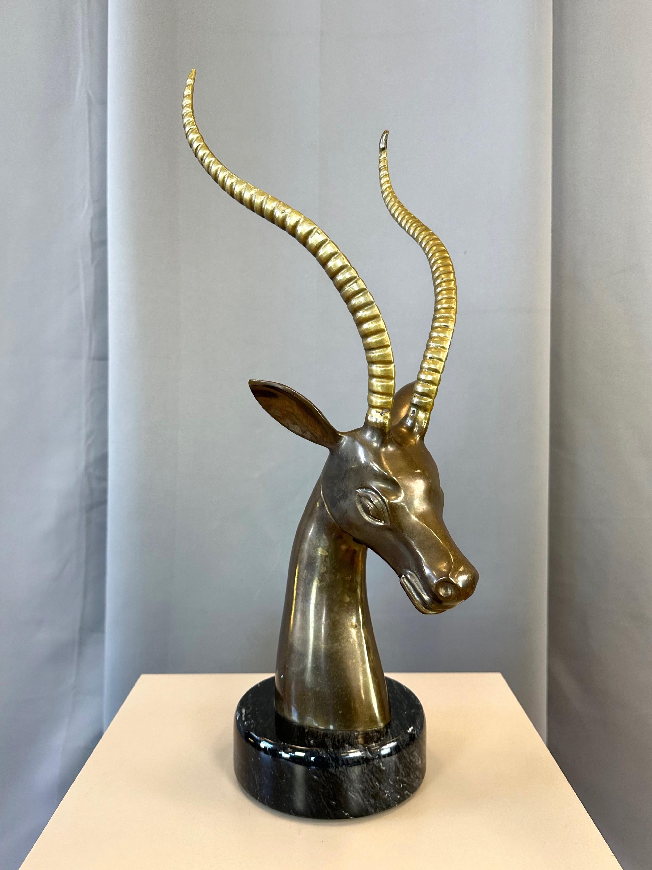 Large Two-Tone Brass Impala Bust Sculpture on Black Marble Base, 1970s For Sale 1