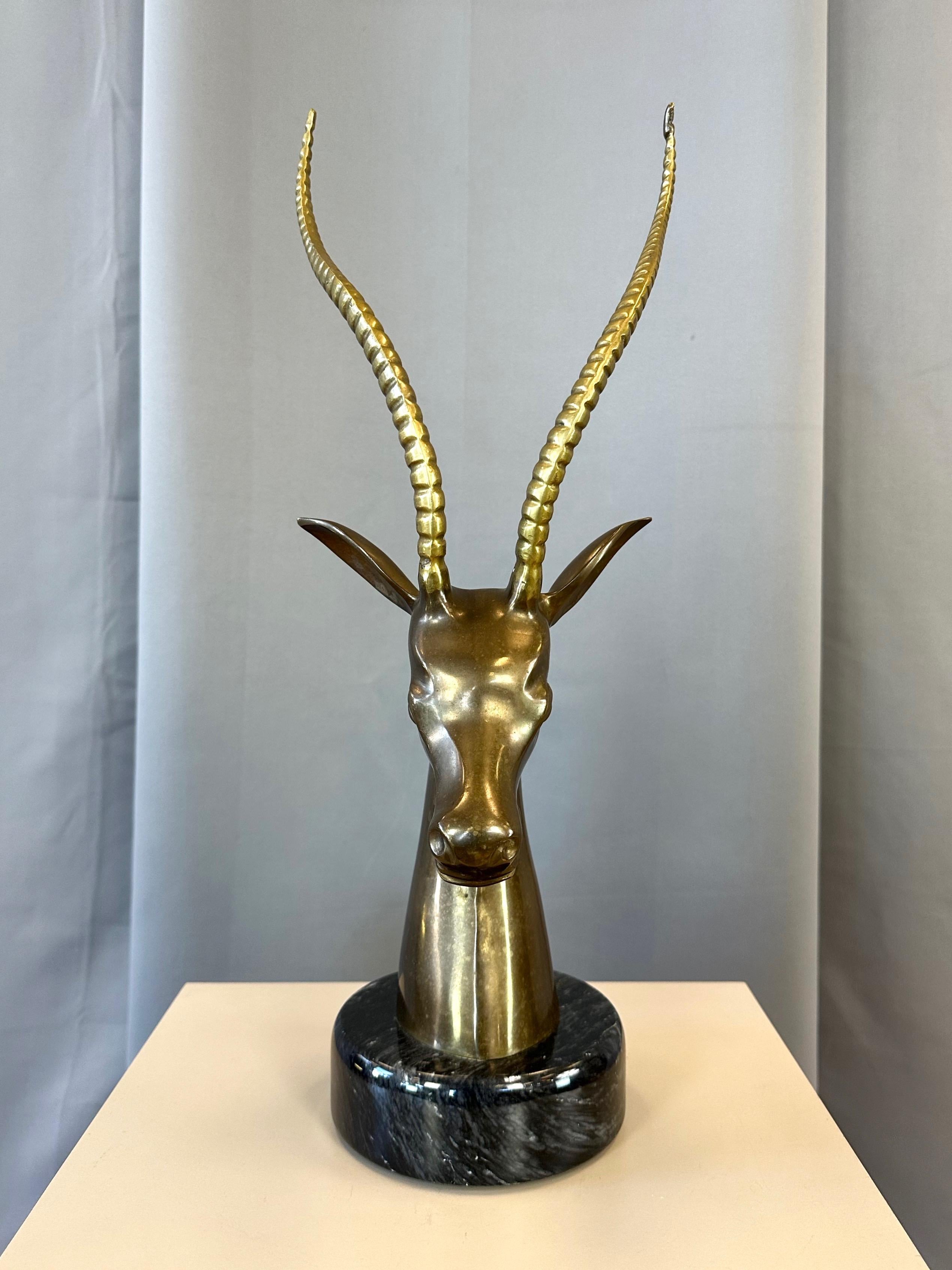 Large Two-Tone Brass Impala Bust Sculpture on Black Marble Base, 1970s For Sale 2