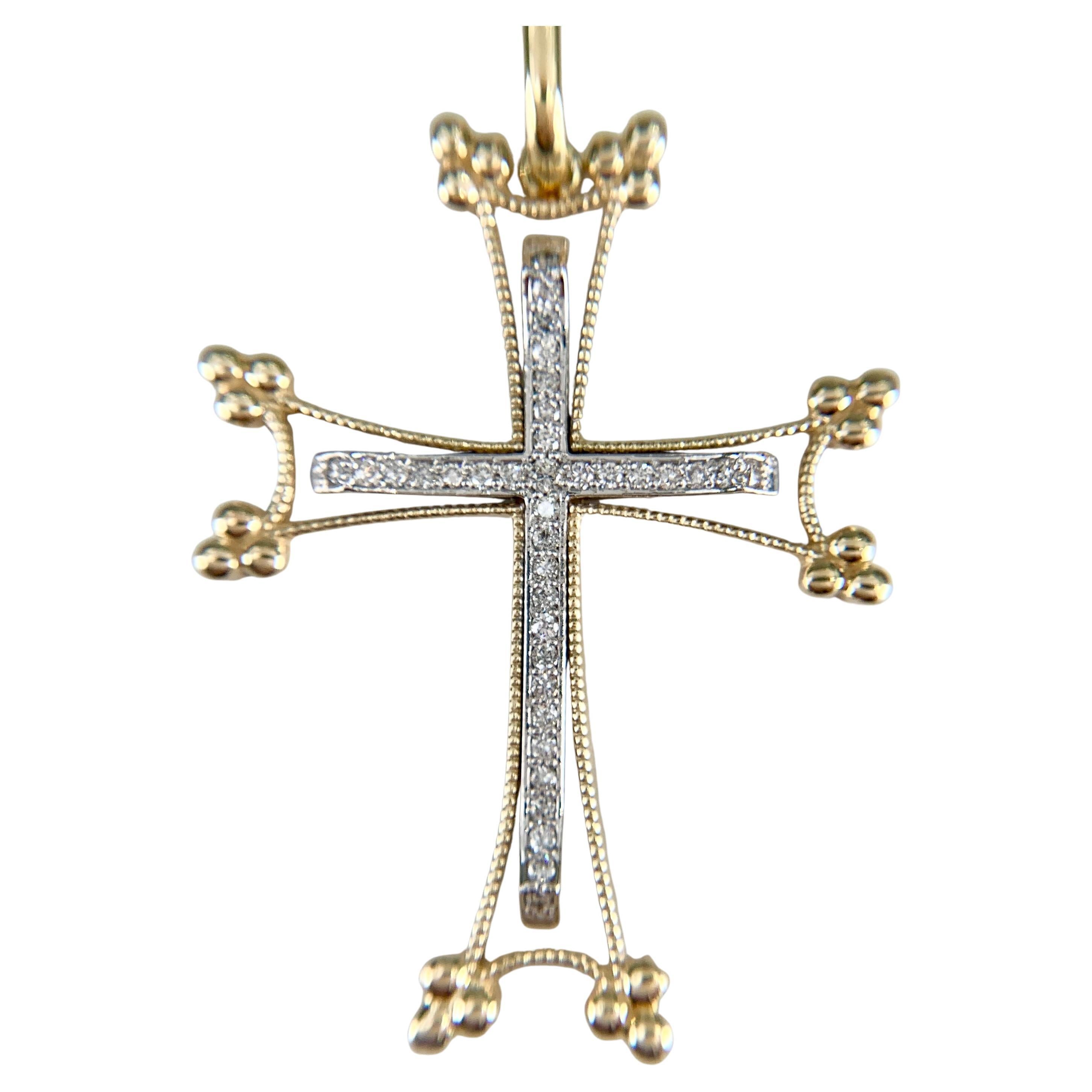Large Two Tone Diamond Cross Pendant 14/18k Gold For Sale