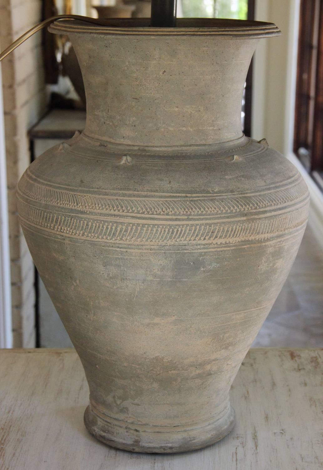 Hand-Crafted Large Unglazed Khmer Vase as Table Lamp