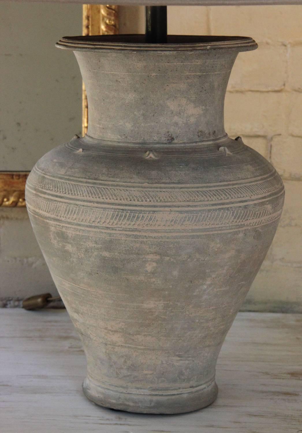 Large Unglazed Khmer Vase as Table Lamp In Excellent Condition In Wichita, KS