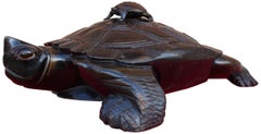 Large & Unique 1930 Hand Carved & Lacquered Wood Japanese Tortoise Sculpture Box