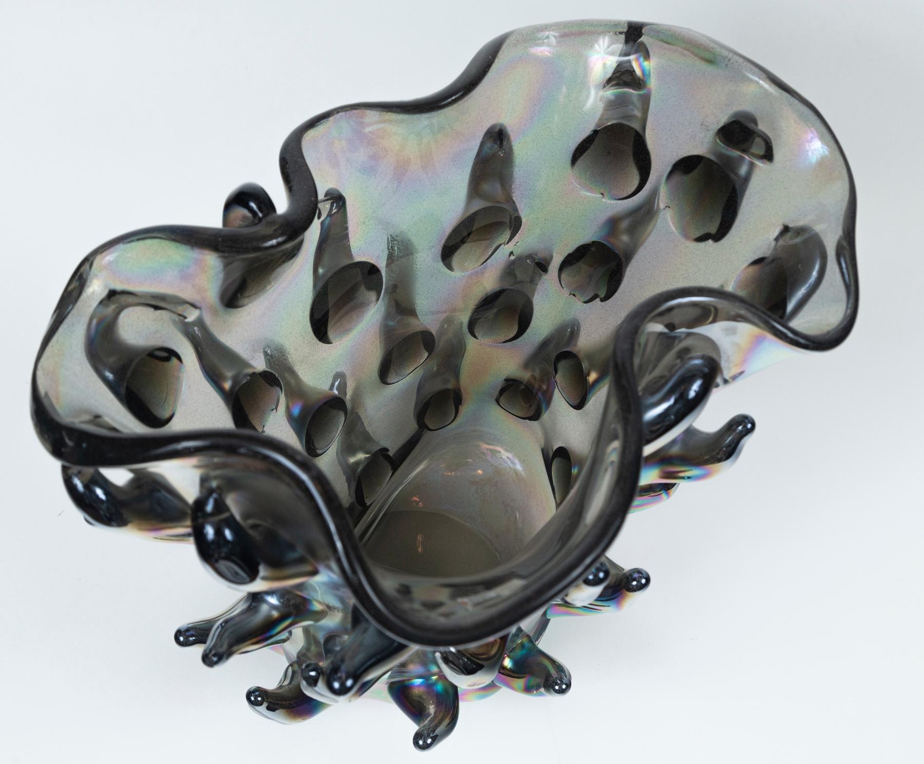 Large & Unique Black Iridescent Blown Cactus Vase For Sale 3
