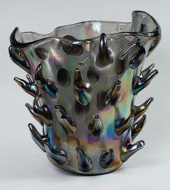 Large & Unique Black Iridescent Blown Cactus Vase