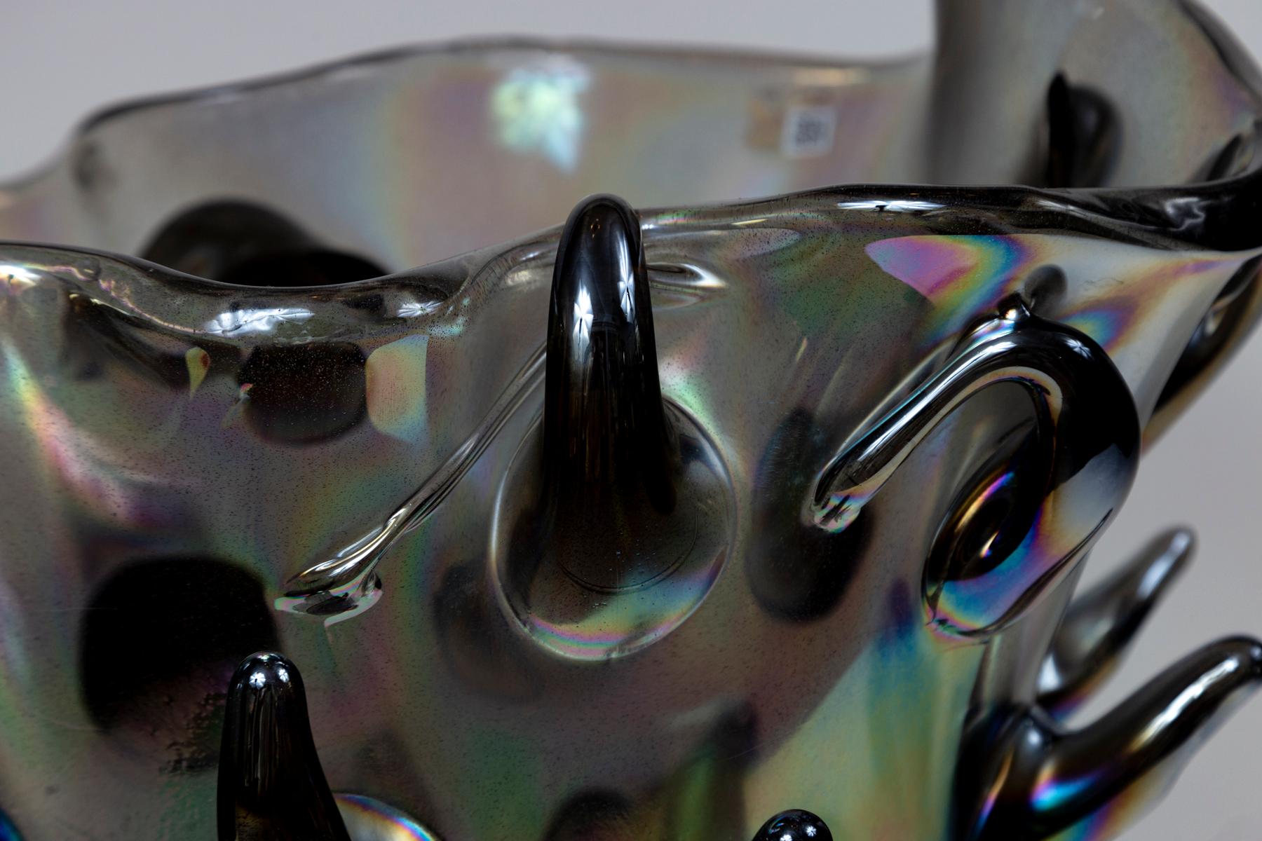 Art Deco Large & Unique Black Iridescent Blown Cactus Vase For Sale