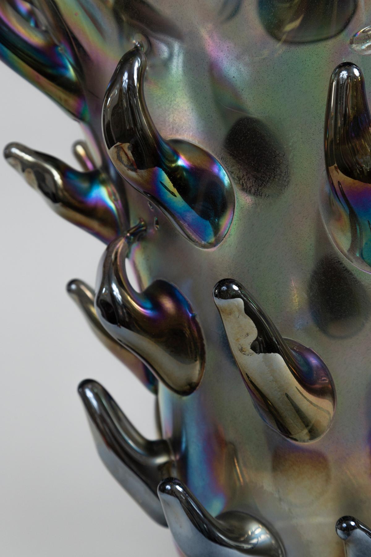 Italian Large & Unique Black Iridescent Blown Cactus Vase For Sale