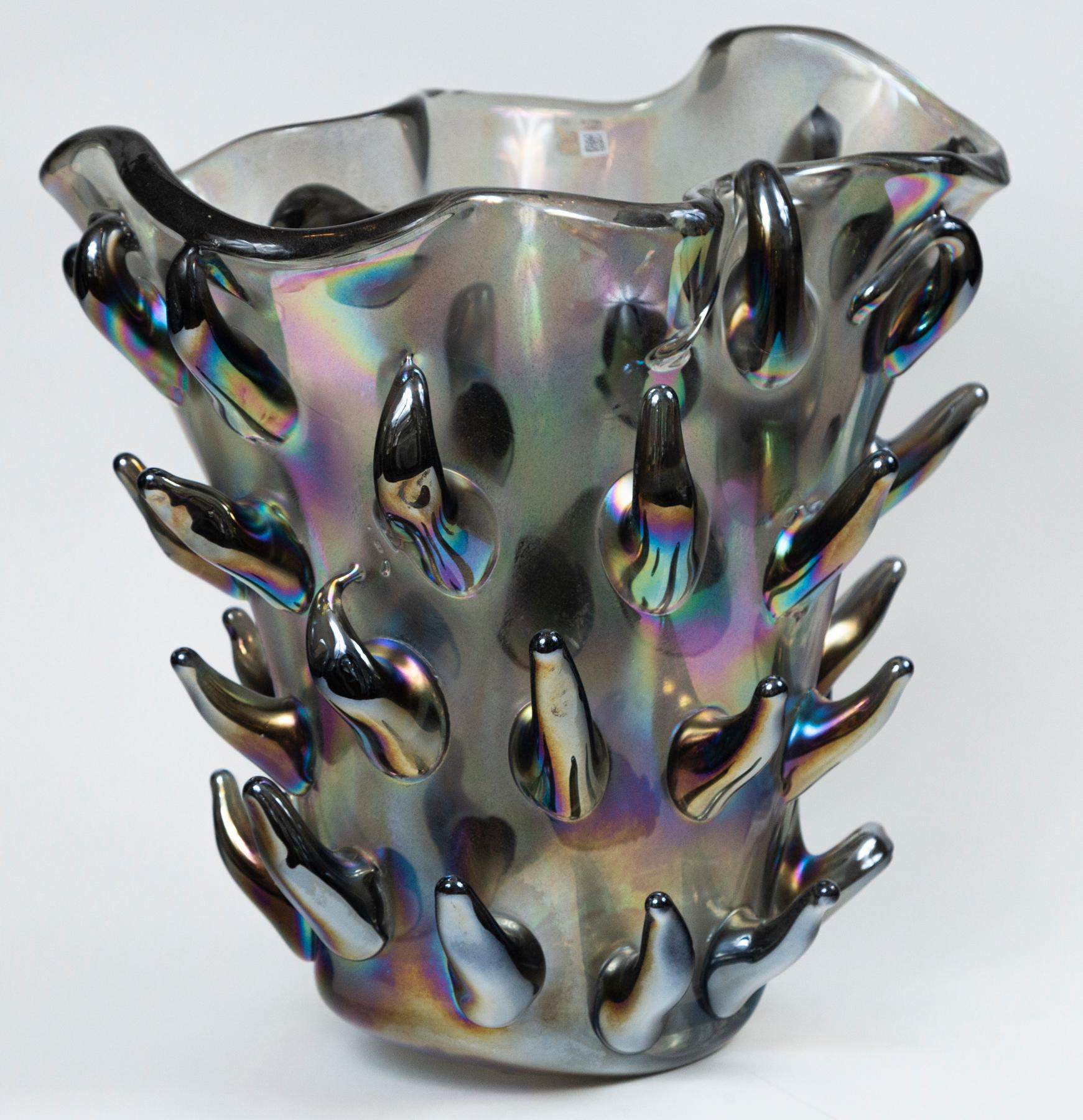 Large & Unique Black Iridescent Blown Cactus Vase In Good Condition For Sale In Westport, CT