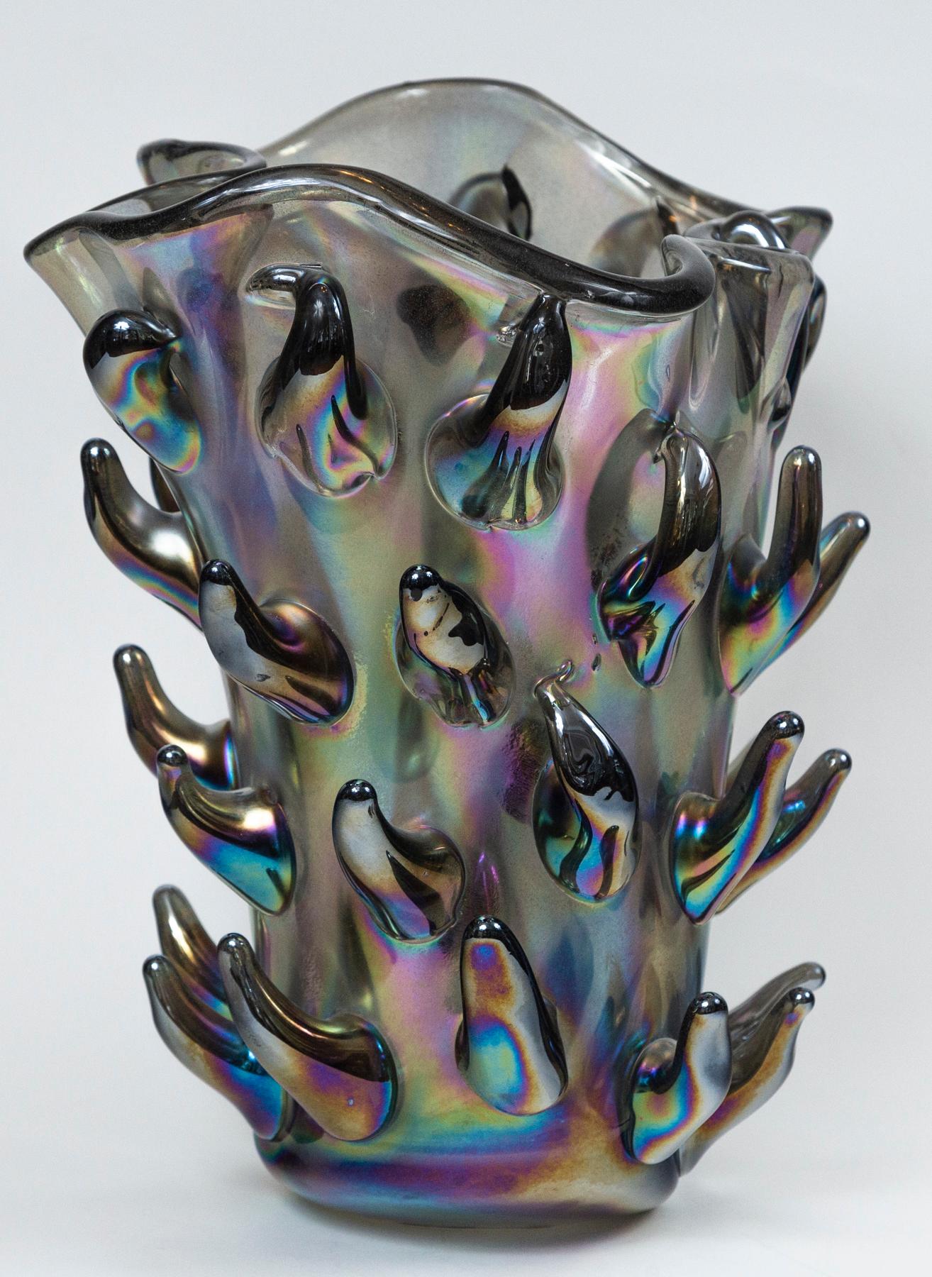 Contemporary Large & Unique Black Iridescent Blown Cactus Vase For Sale