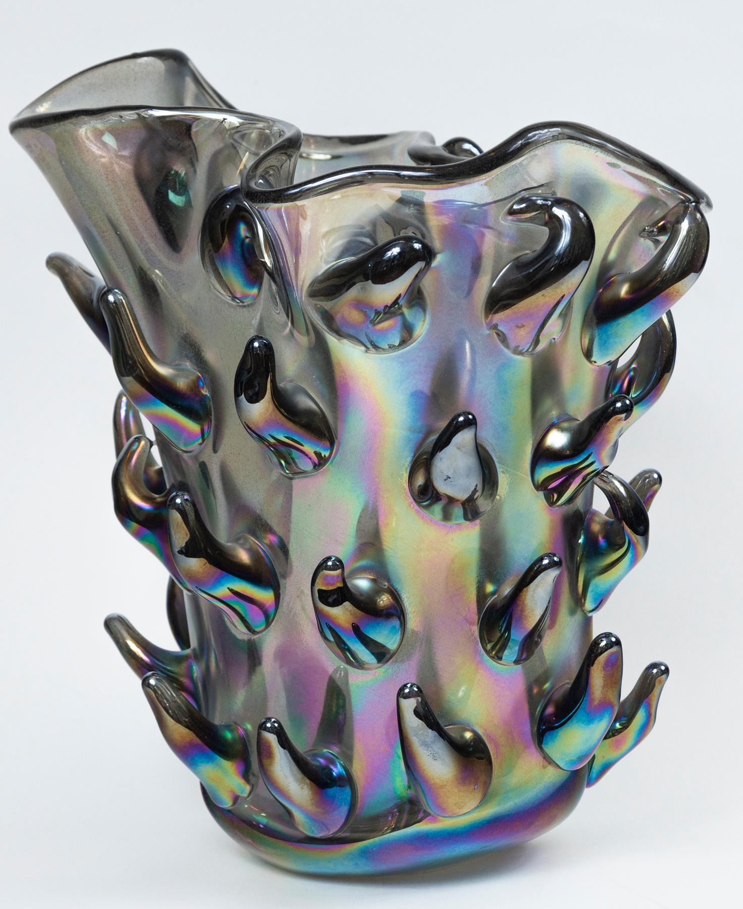 Glass Large & Unique Black Iridescent Blown Cactus Vase For Sale