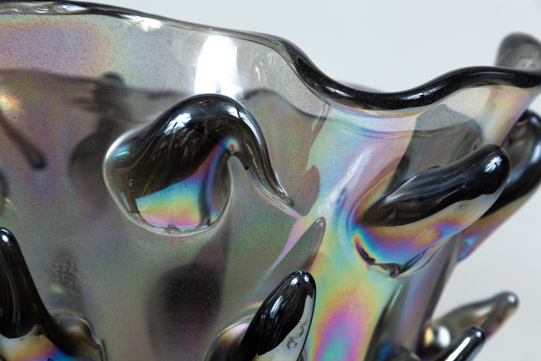 Large & Unique Black Iridescent Blown Cactus Vase For Sale 1