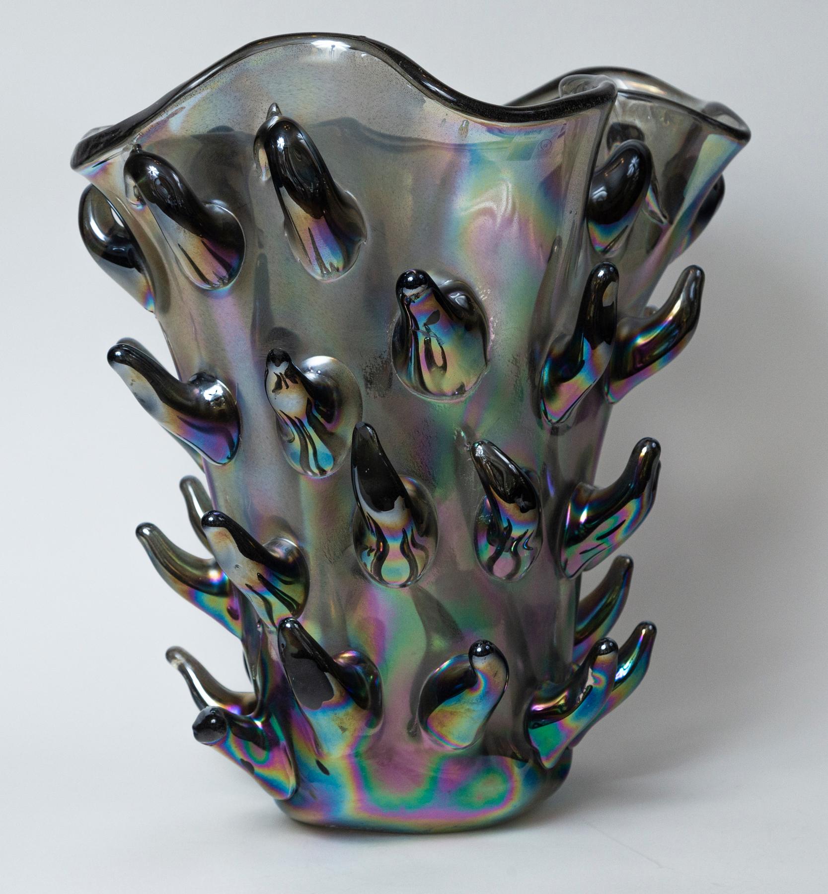 Large & Unique Black Iridescent Blown Cactus Vase For Sale 2