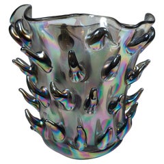 Large & Unique Black Iridescent Blown Cactus Vase