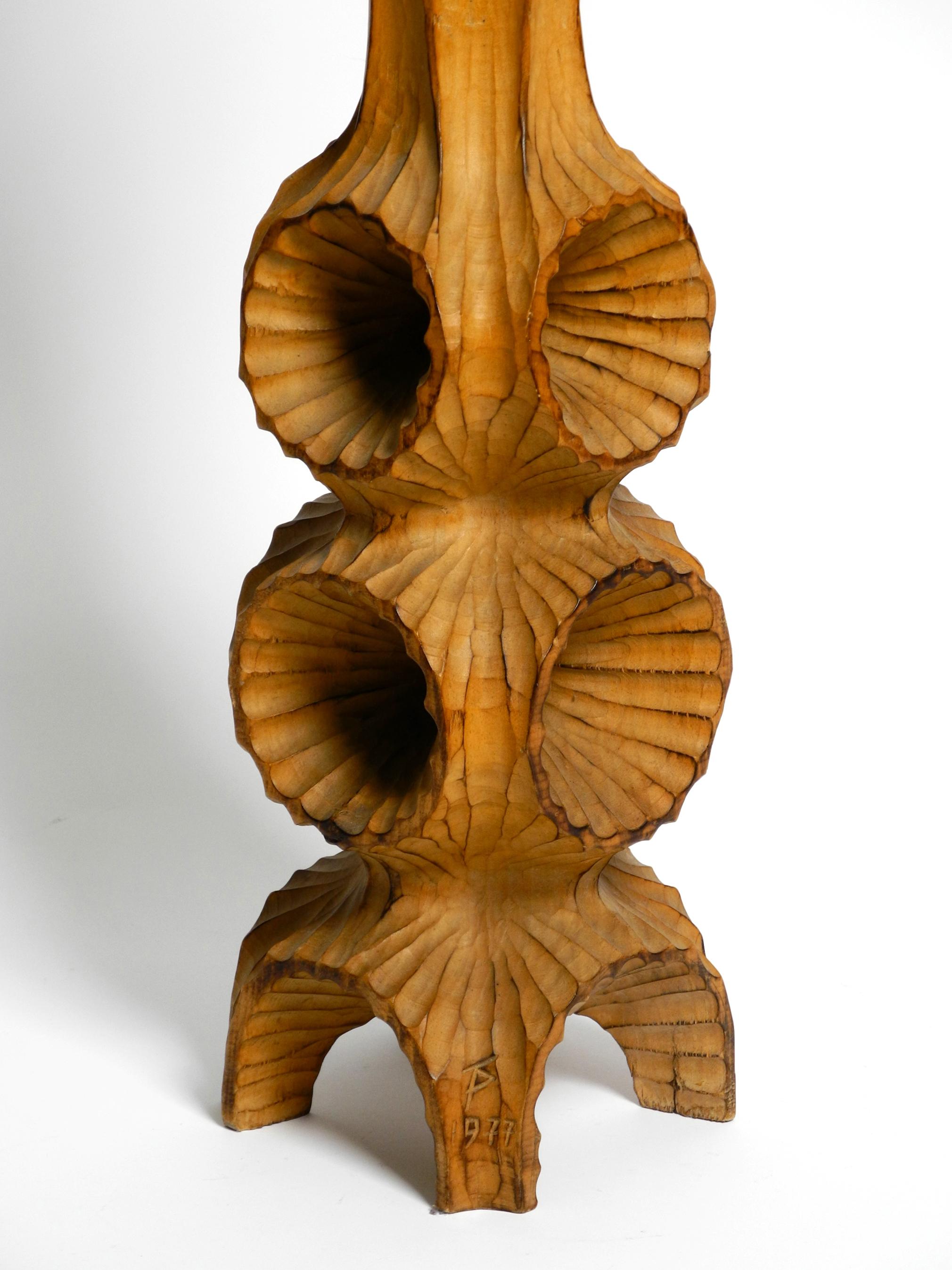 Large unique carved limewood candlestick from 1977 in brutalist design  70 cm For Sale 4