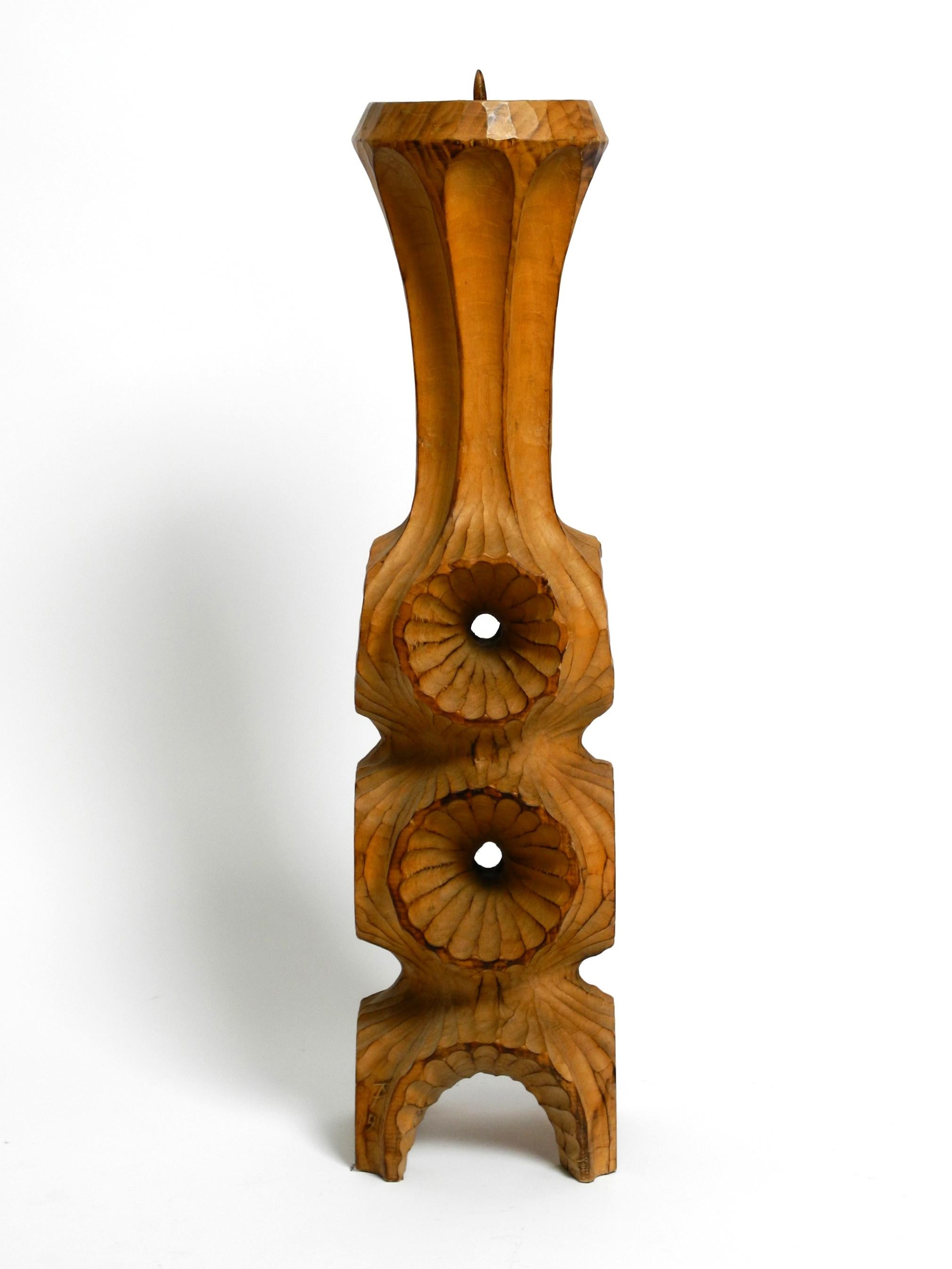 Large unique carved limewood candlestick from 1977 in brutalist design  70 cm For Sale 10