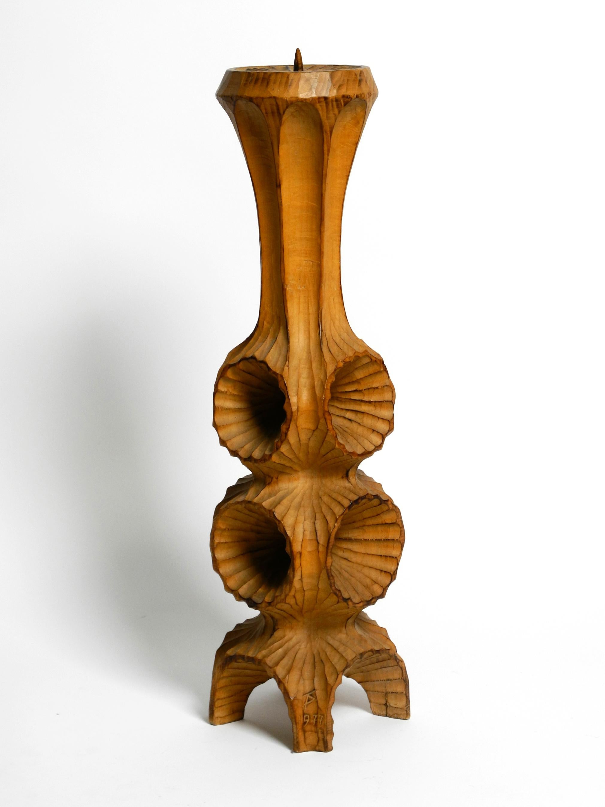 Large unique carved limewood candlestick from 1977 in brutalist design  70 cm For Sale 11
