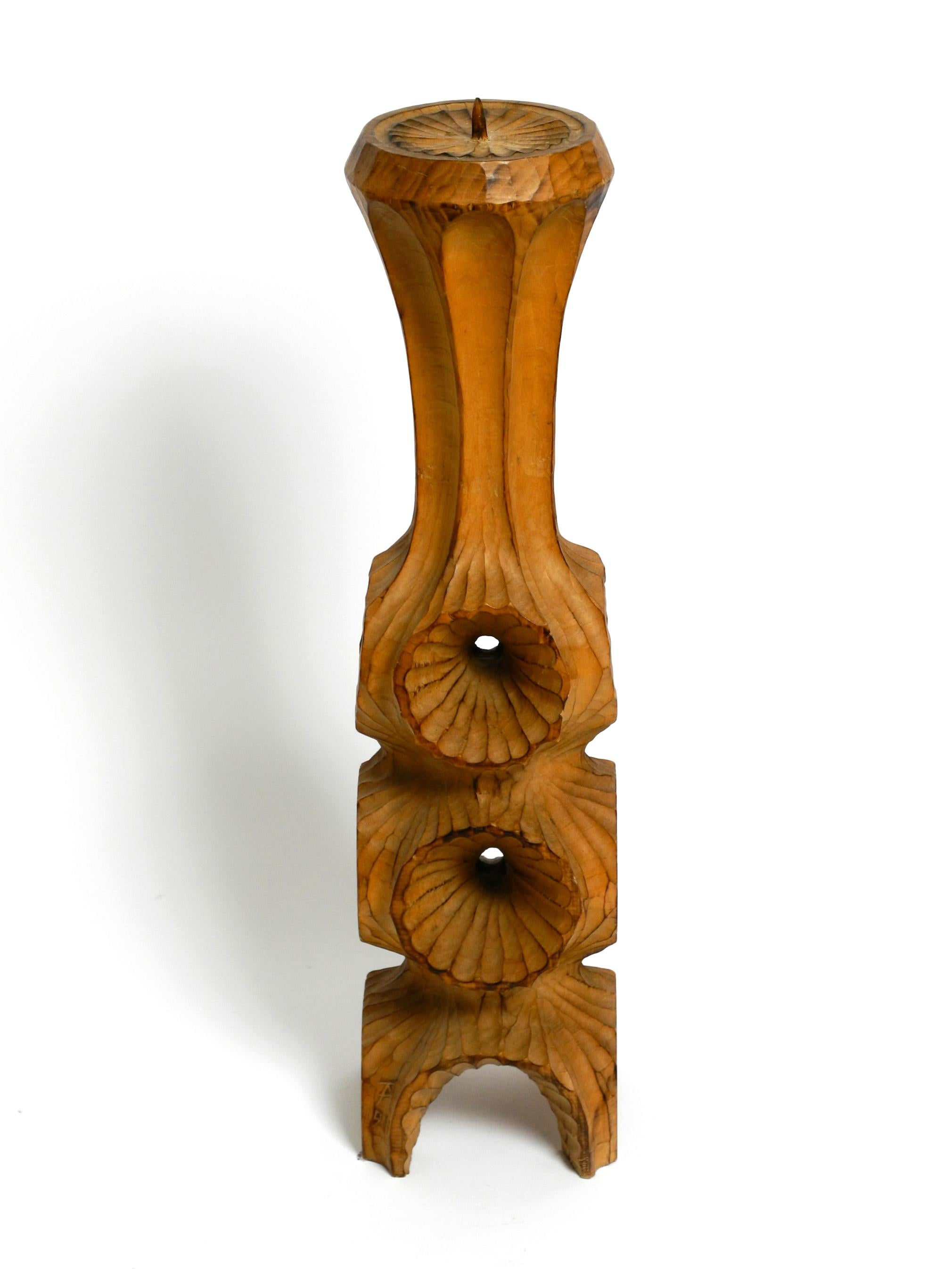 German Large unique carved limewood candlestick from 1977 in brutalist design  70 cm For Sale