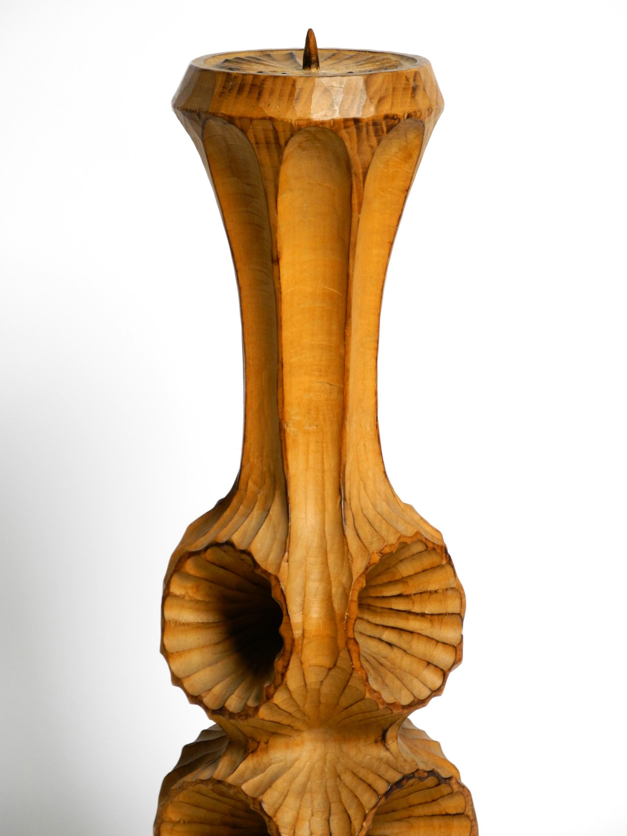 Wood Large unique carved limewood candlestick from 1977 in brutalist design  70 cm For Sale