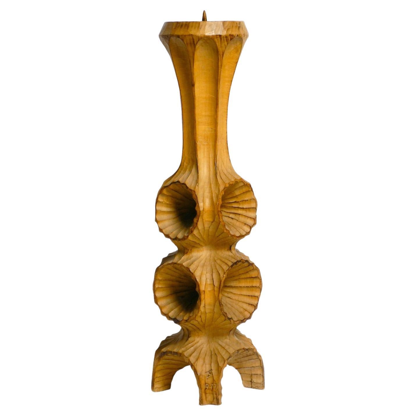 Large unique carved limewood candlestick from 1977 in brutalist design  70 cm For Sale