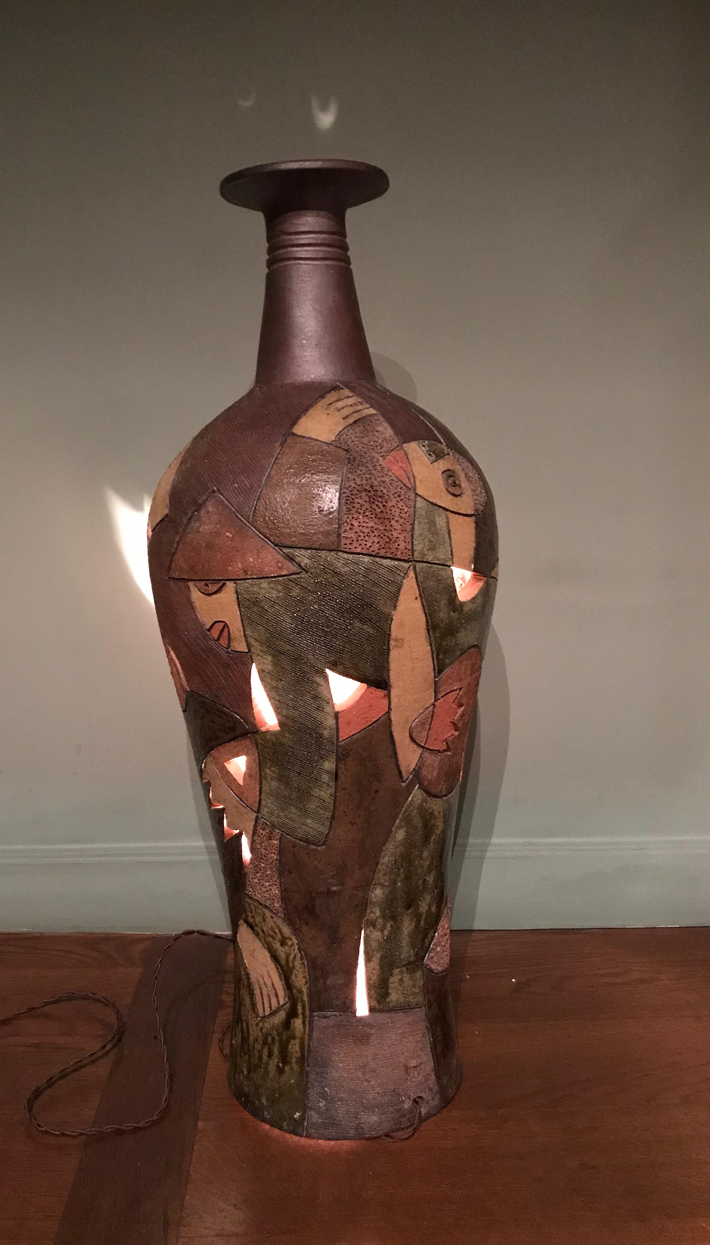 Grande sculpture unique de luminaire en céramique émaillée, 1960 en vente 1
