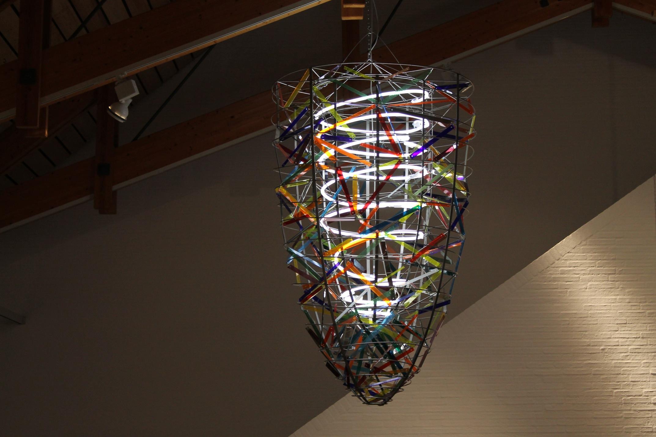 Large Unique Handmade Chandelier in Stained Glass and Steel For Sale 1