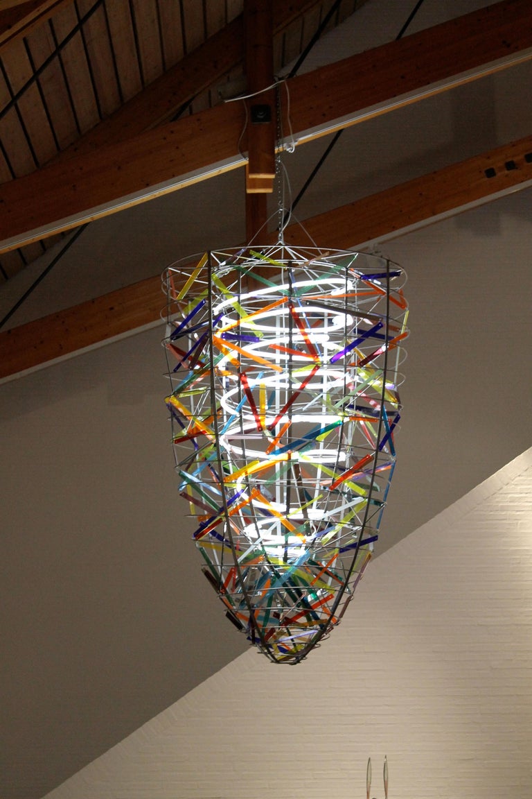 Large Unique Handmade Chandelier in Stained Glass and Steel For Sale at