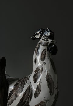 Large Unique Janine Janet Ceramics Sculpture of a Rooster, Hand Painted, 1950s