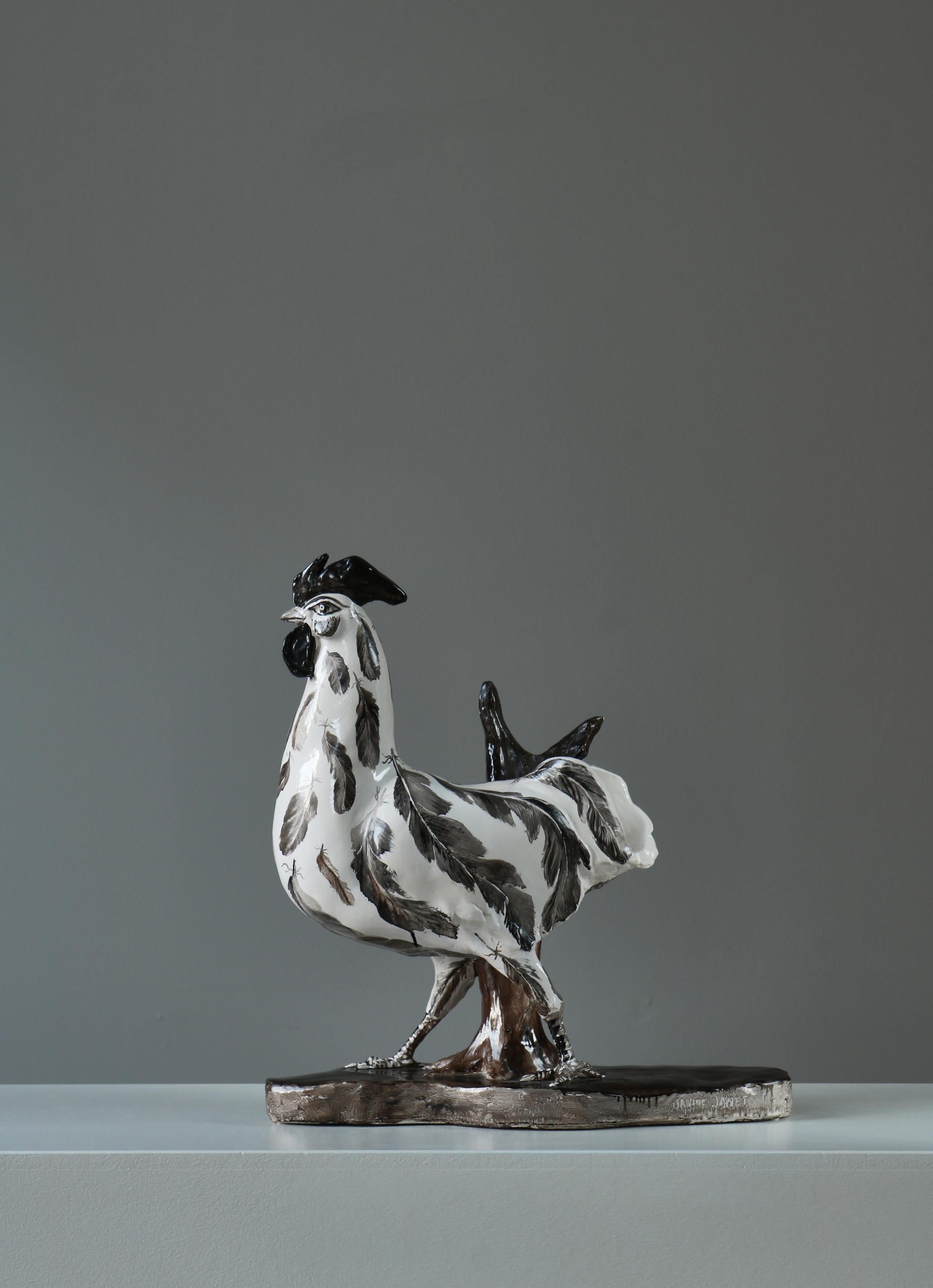 Große, einzigartige Janine Janet-Keramik-Skulptur eines Hahns, handbemalt, 1950er Jahre (Moderne) im Angebot