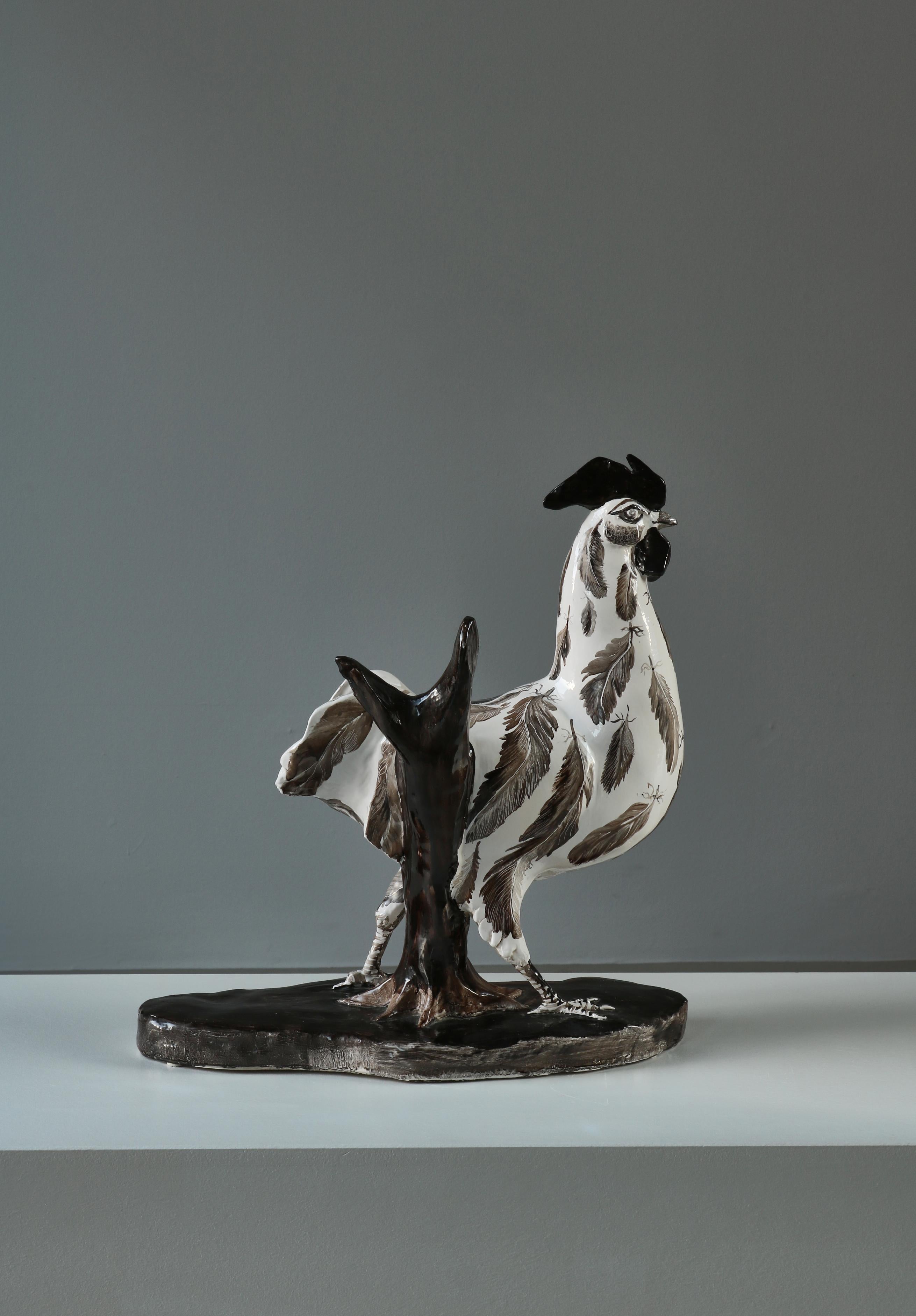Große, einzigartige Janine Janet-Keramik-Skulptur eines Hahns, handbemalt, 1950er Jahre (Mitte des 20. Jahrhunderts) im Angebot