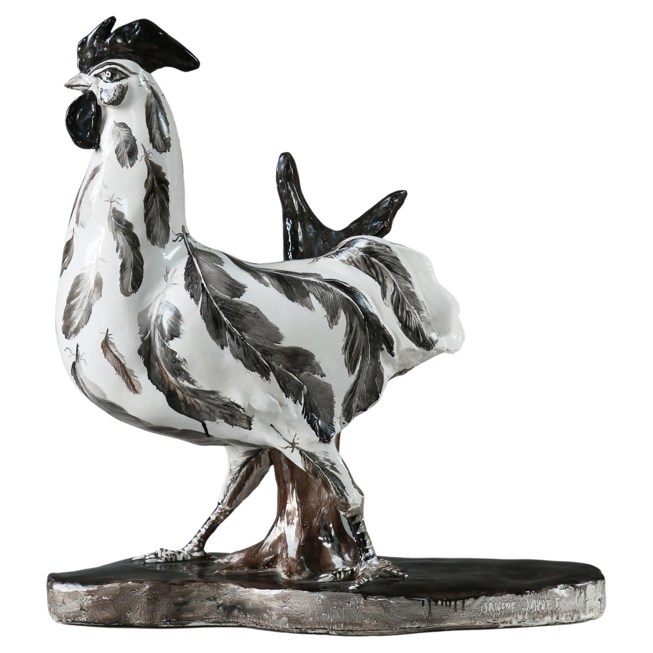 Grande sculpture unique en céramique de Janine Janet représentant un coq, peinte à la main, années 1950 en vente