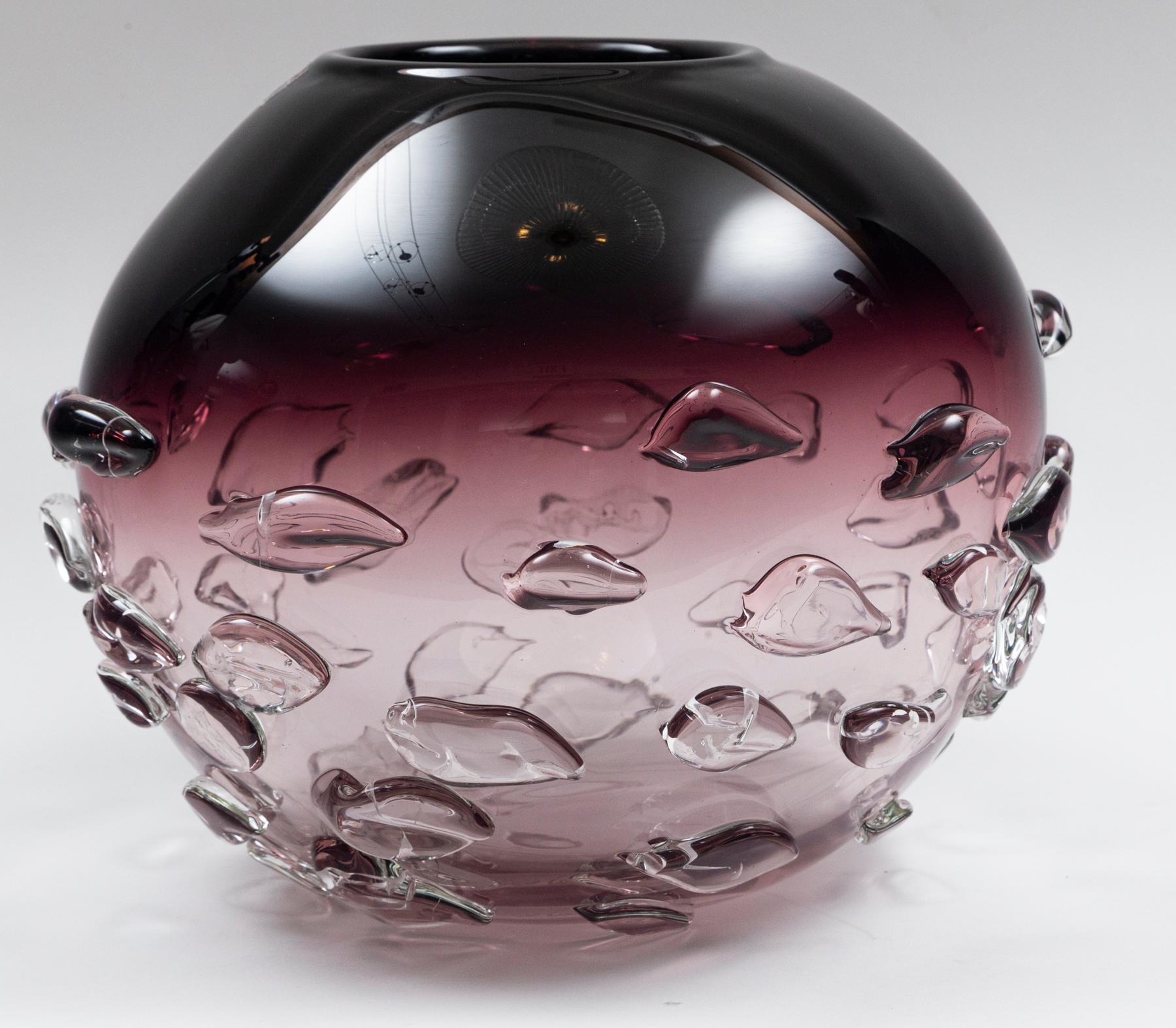  A stunning one of a kind hand blown modern shaped round vessel covered in an organic adornment of clear fish like glass forms and artfully composed creating a sense of  movement

Origin: Murano, Italy

Dating: Contemporary, Commissioned by
