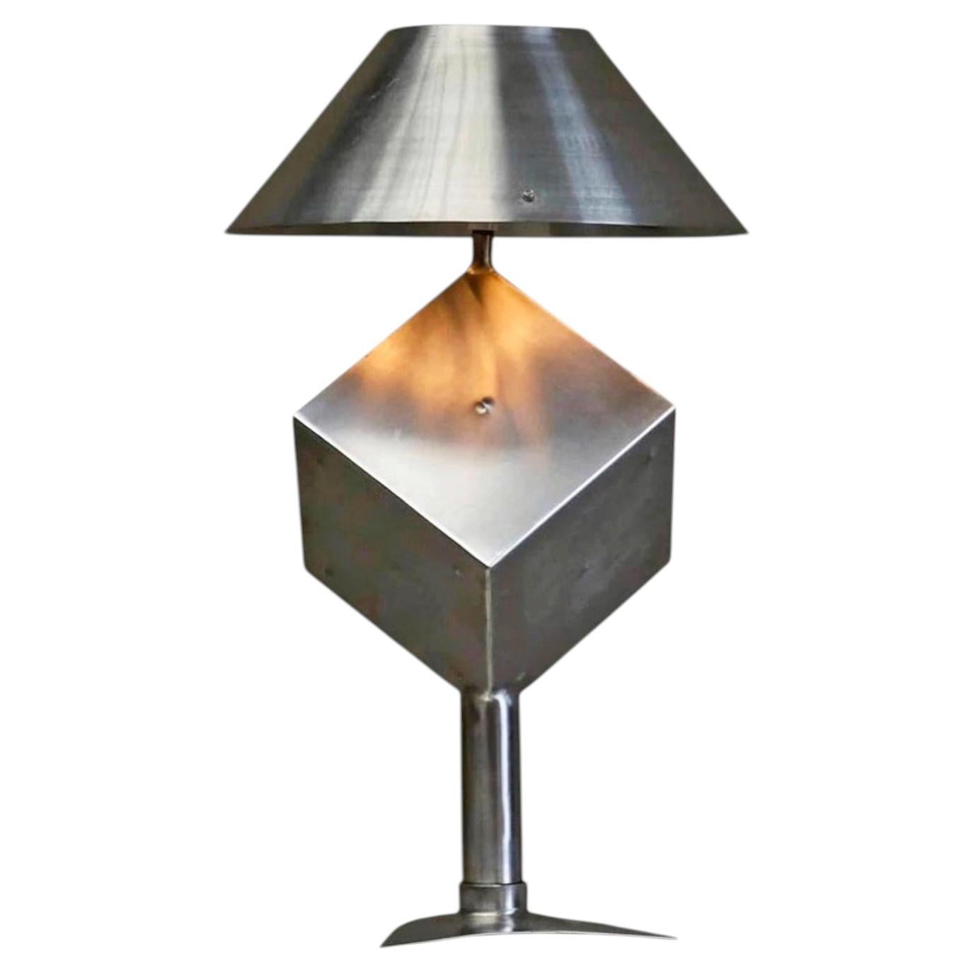 Large Unique Postmodern Table Lamp in Brushed Steel 1970s