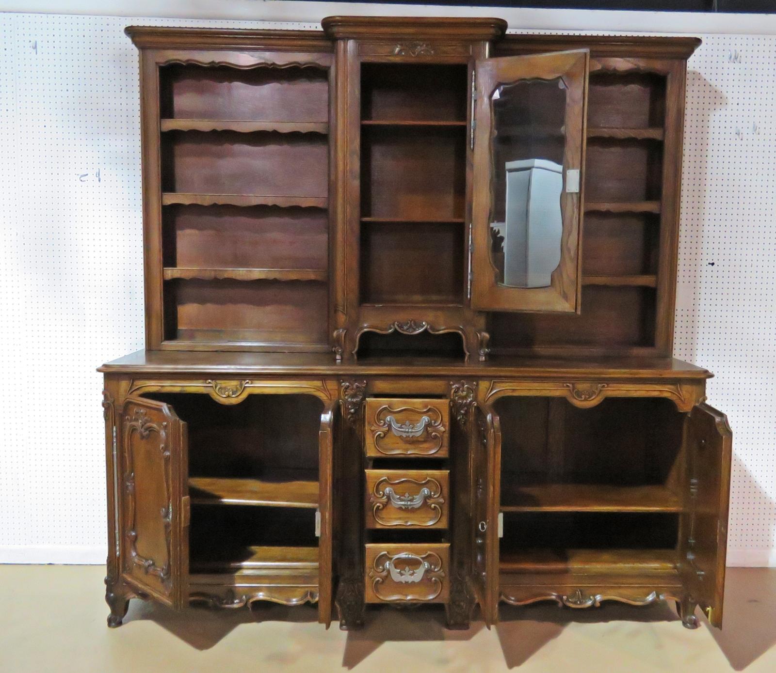 Large Unique Sold Walnut French Louis XV Carved China Cabinet Sideboard C1920 In Good Condition For Sale In Swedesboro, NJ