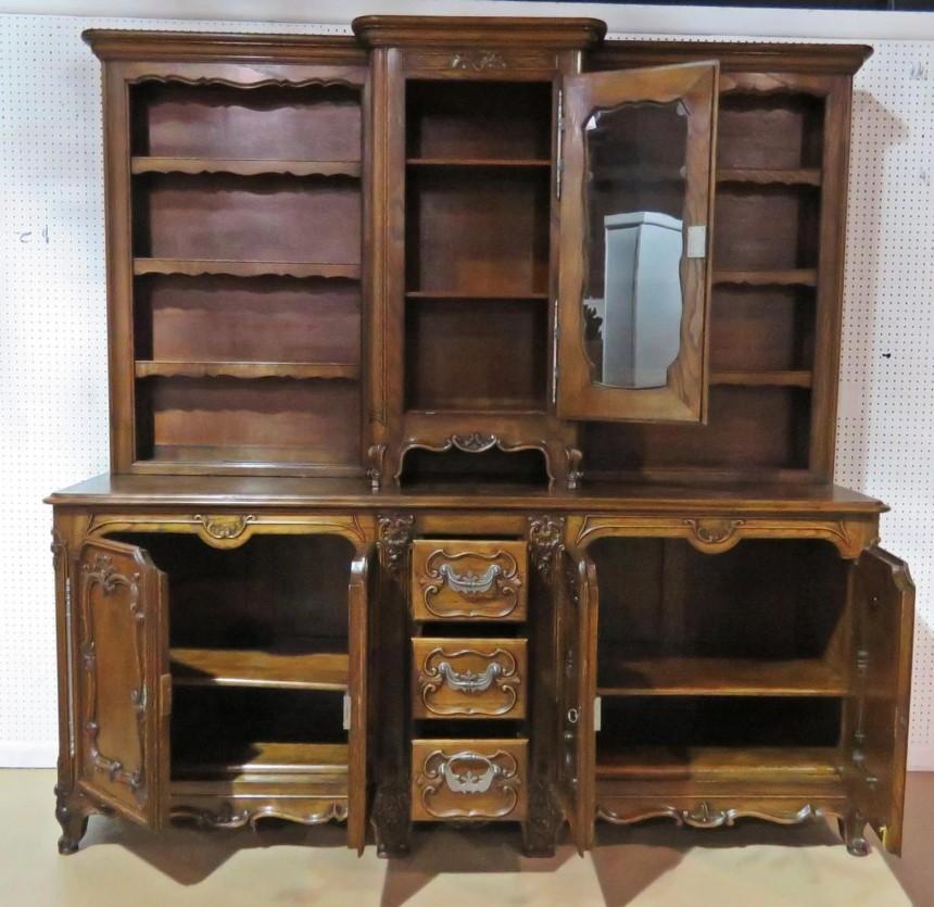 Large Unique Sold Walnut French Louis XV Carved China Cabinet Sideboard C1920 In Good Condition For Sale In Swedesboro, NJ
