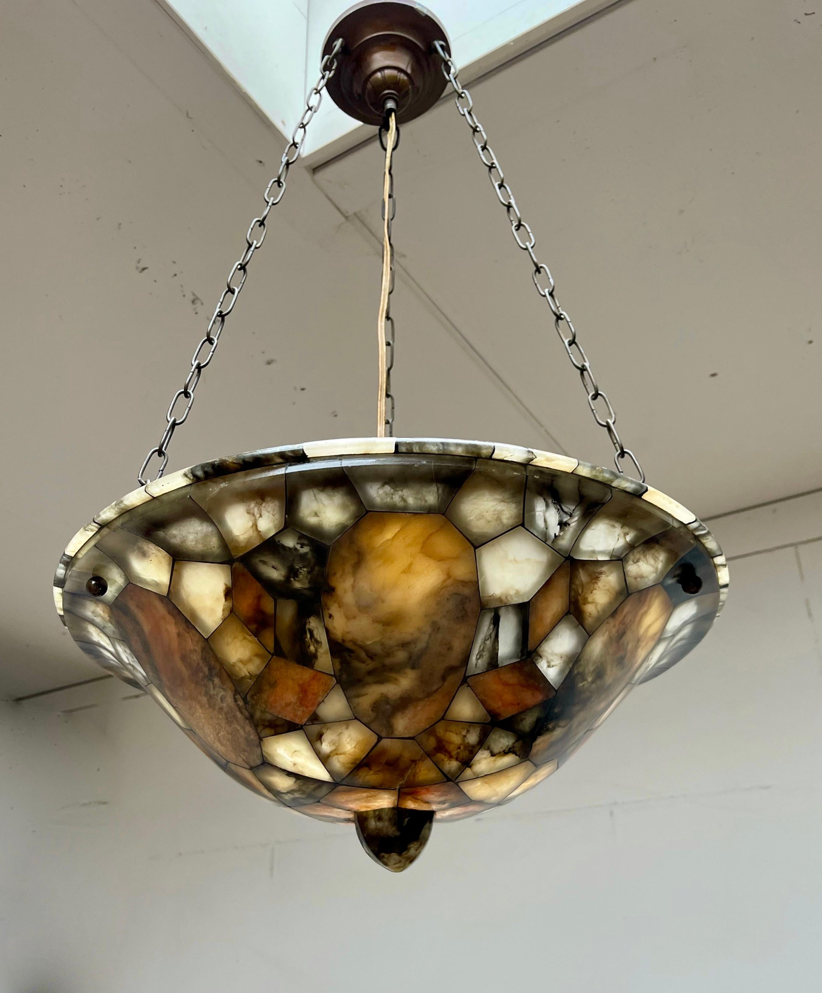 Hand-Carved Large, Unique & Truly Exceptional Mosaic Design Alabaster Pendant / Flush Mount