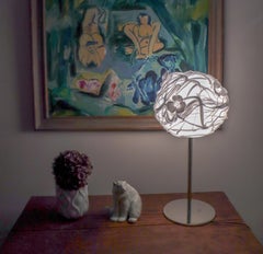Large Unique White Table Lamp - Art Glass with Flowers - Eva Darpö